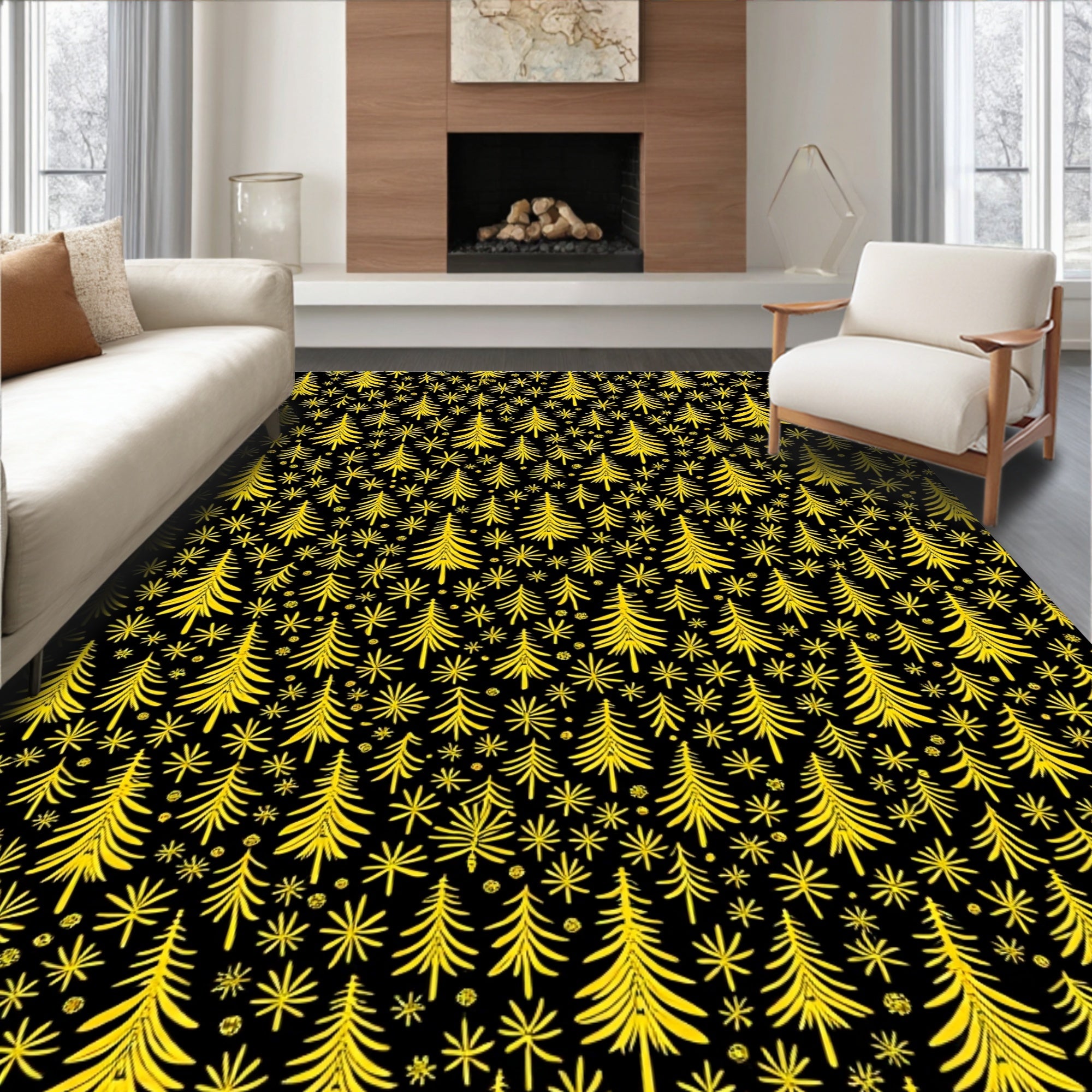 Golden Pine Trees and Stars Rug
