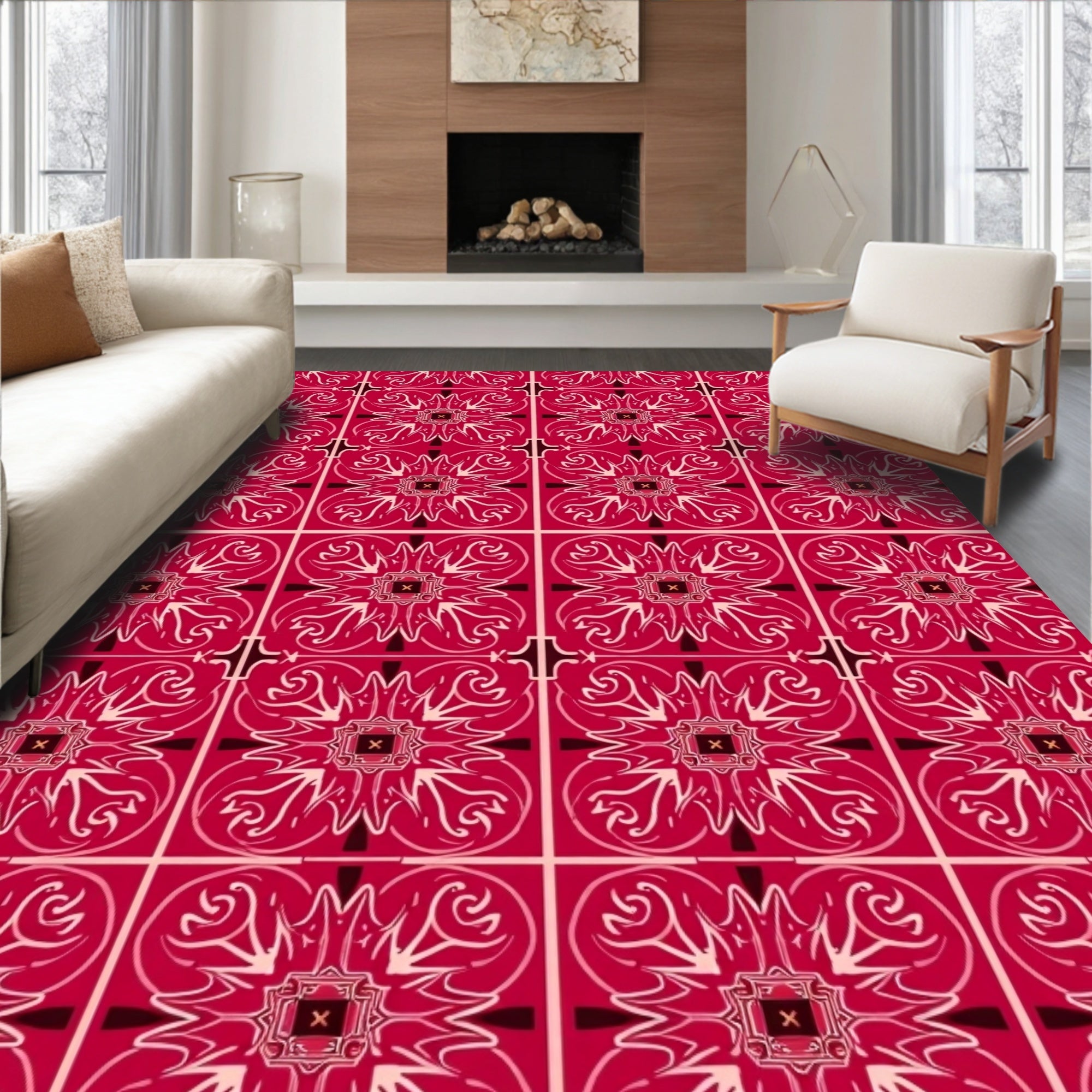Crimson Red Intricate Floral Medallion Rug