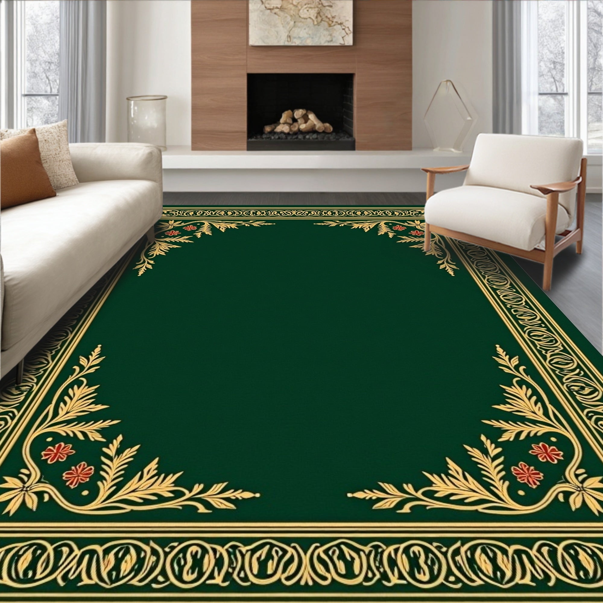 Emerald Green Golden Floral Border Rug