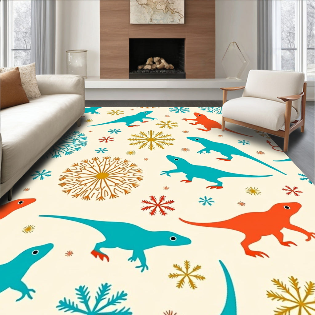 Turquoise Orange Dinosaur Snowflakes Rug