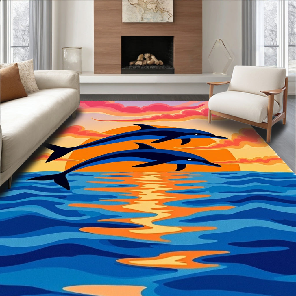 Dolphins jumping at sunset reflection Rug