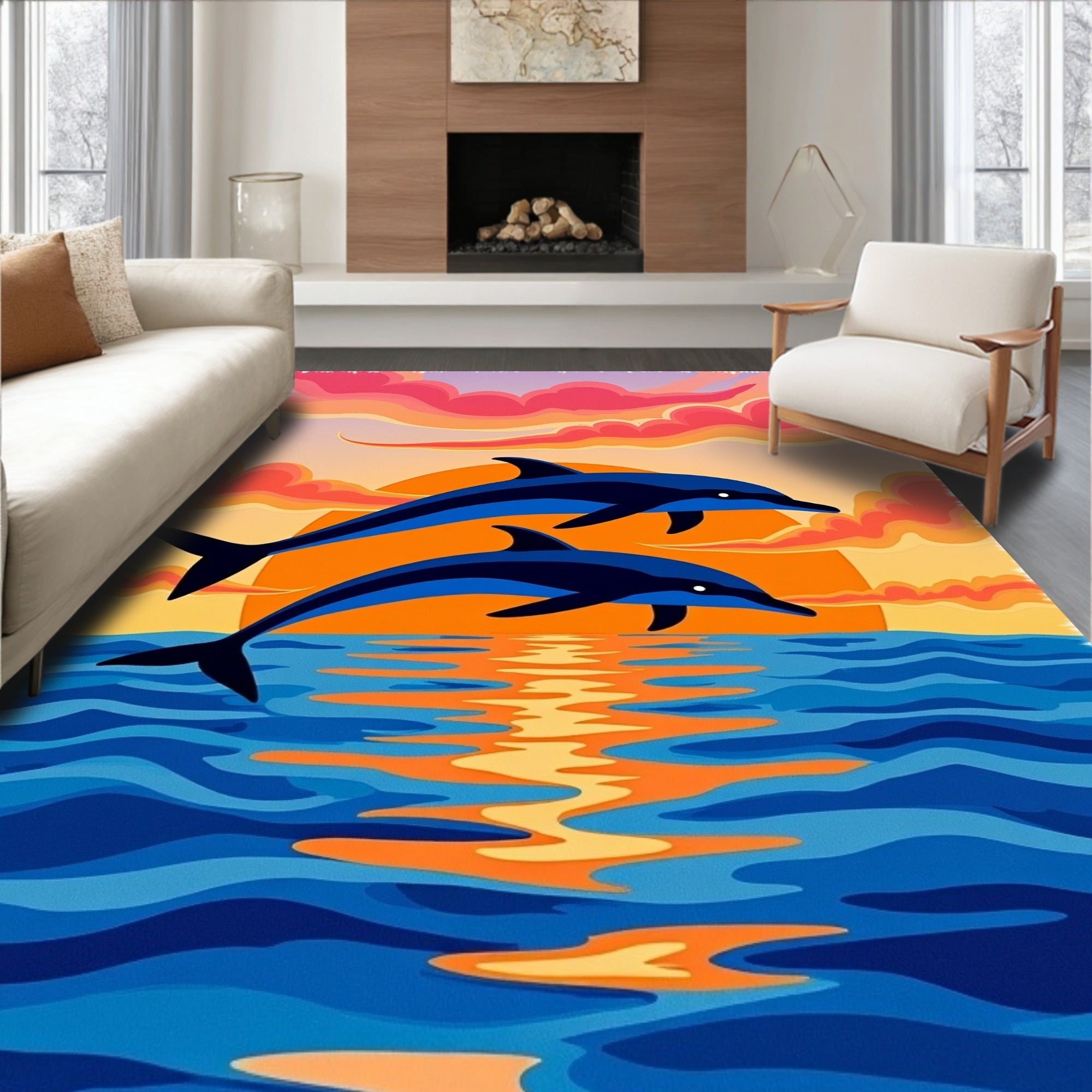 Dolphins jumping at sunset reflection Rug