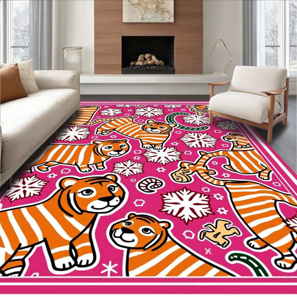 Playful Tiger Snowflake Whimsical Pink Rug