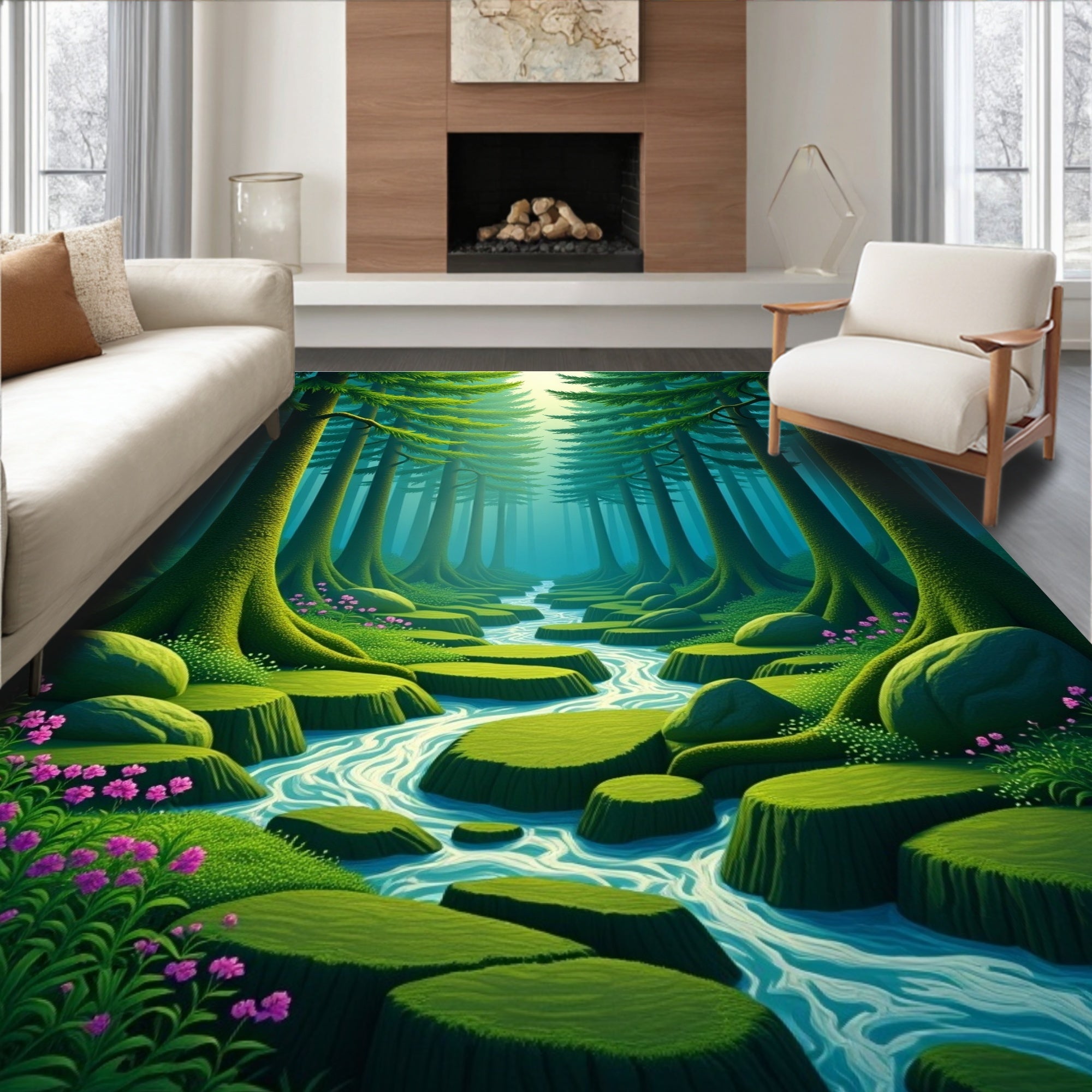 Enchanted Forest Stream with Pink Flowers Rug