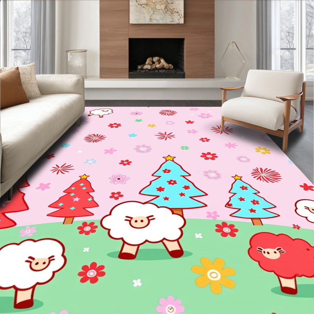 Pink Sheep and Red Christmas Trees Field Rug