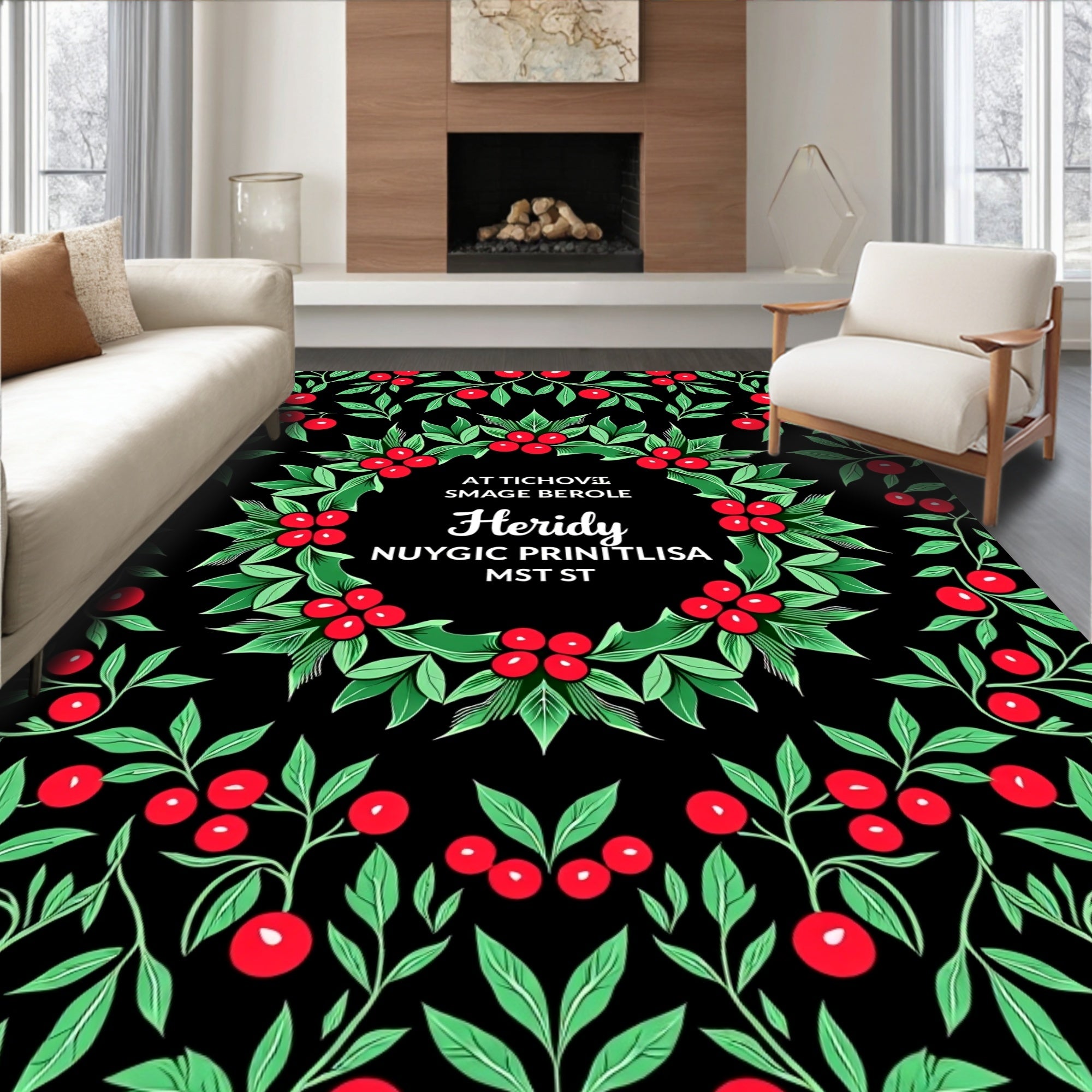 Festive Red Berry Garland Wreath Rug