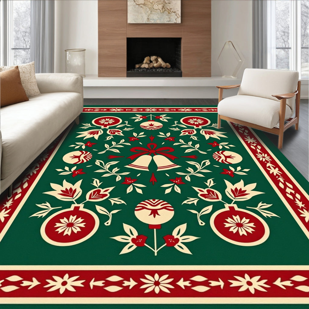 Crimson Festive Holly Garland Bells Rug