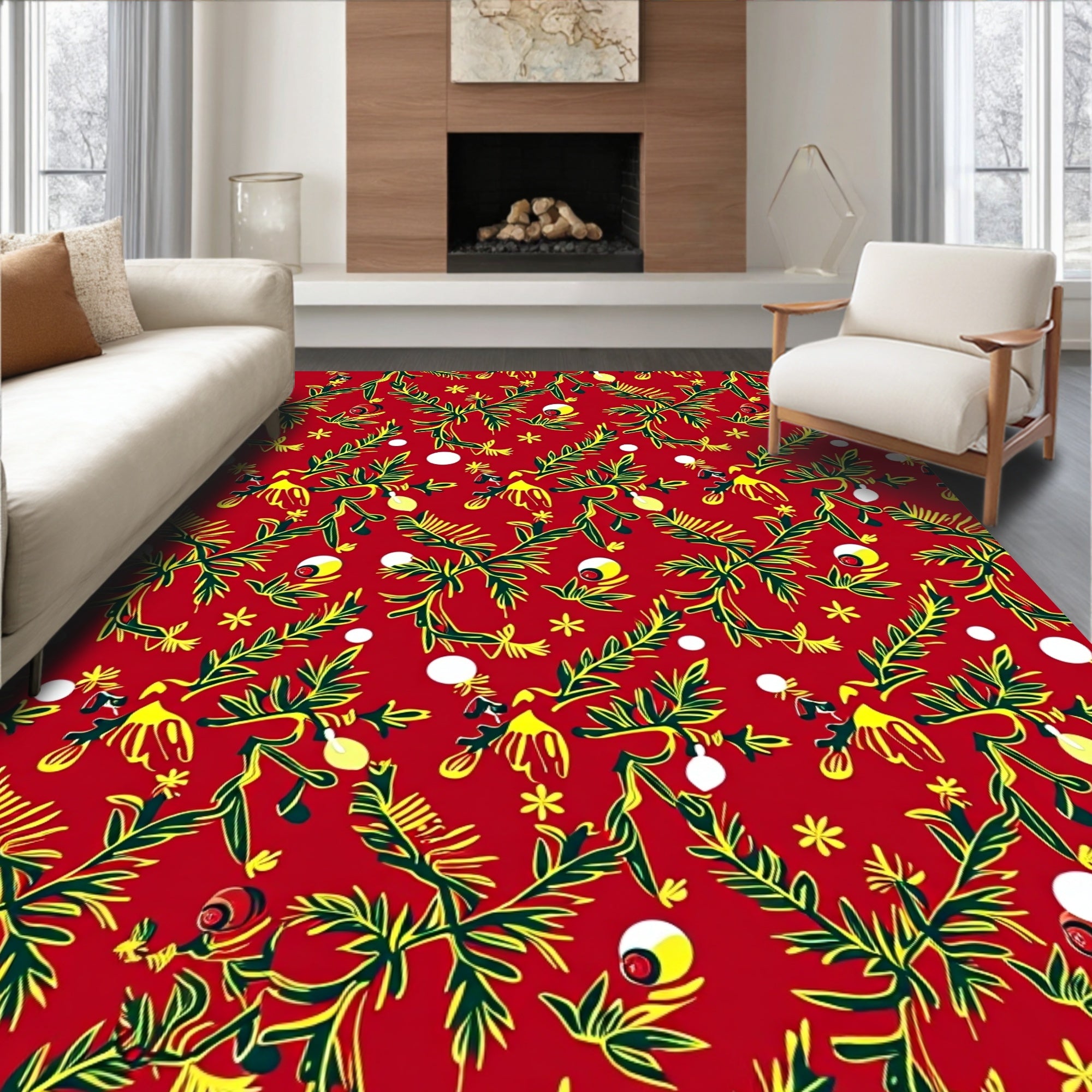 Whimsical Red Floral Vine Balls Rug