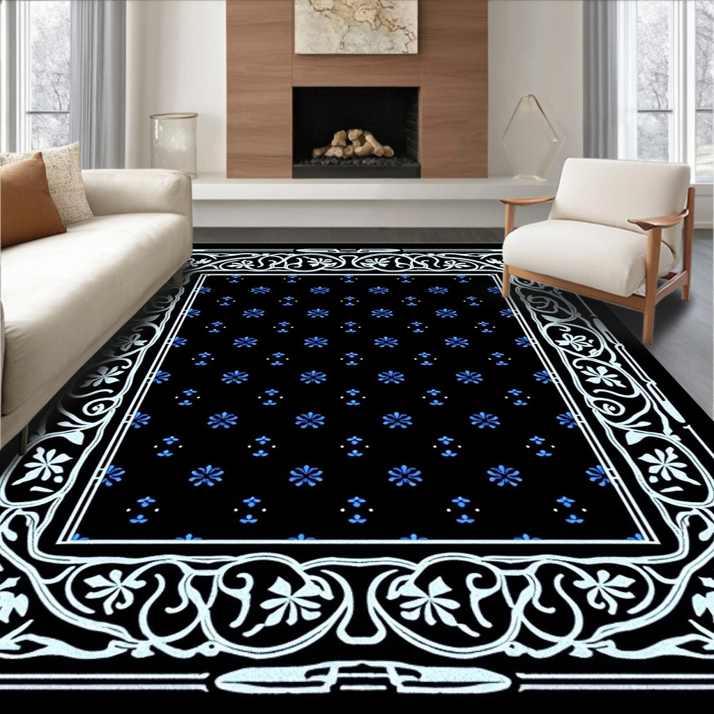Art Nouveau Black Blue Floral Border Rug