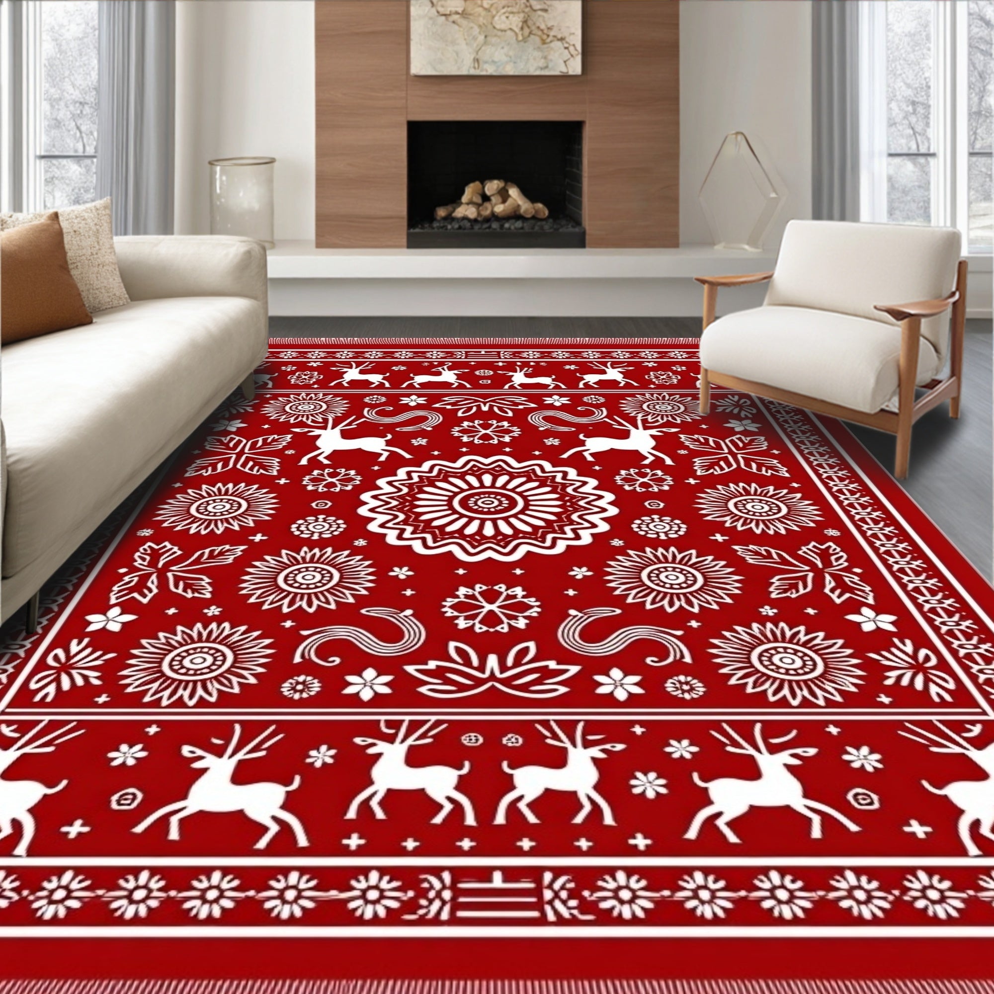 Red White Reindeer Floral Medallion Rug