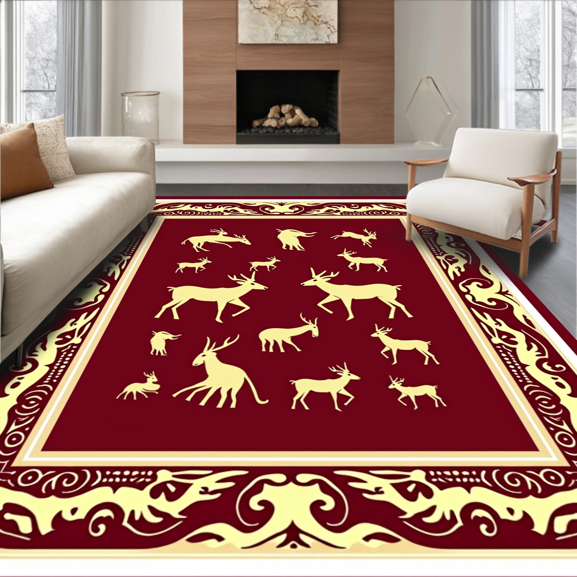 Crimson Deer Ensemble Ornate Border Rug