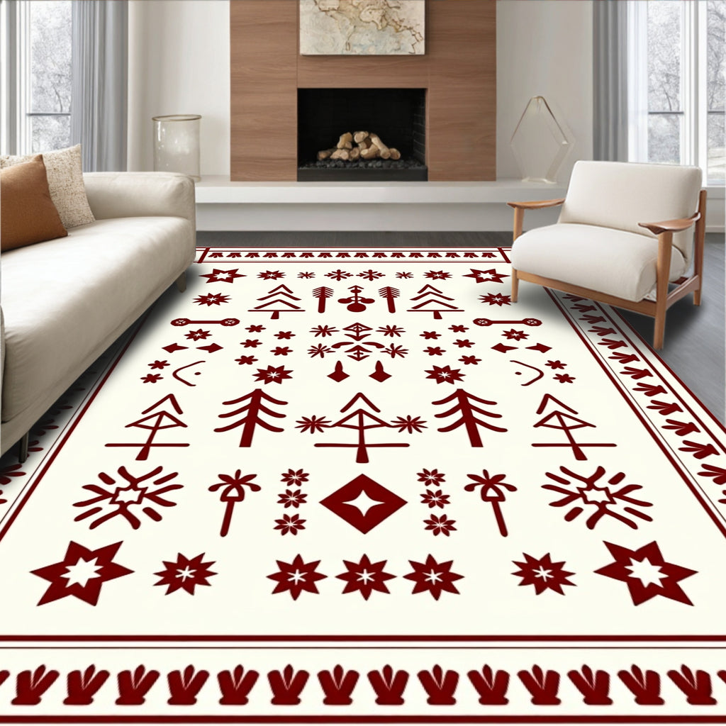 Deep Red Folk Tree Snowflake Medallion Rug