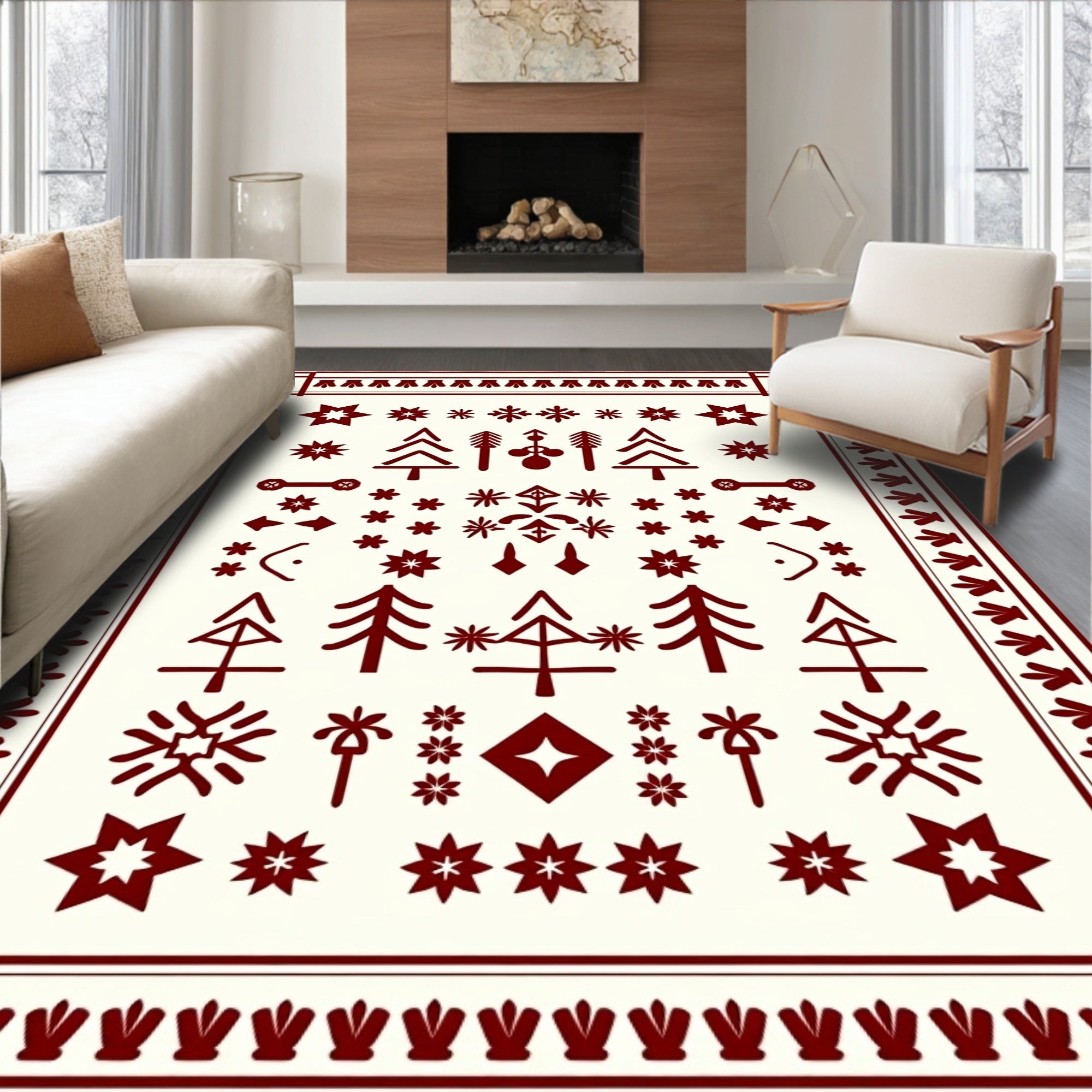 Deep Red Folk Tree Snowflake Medallion Rug