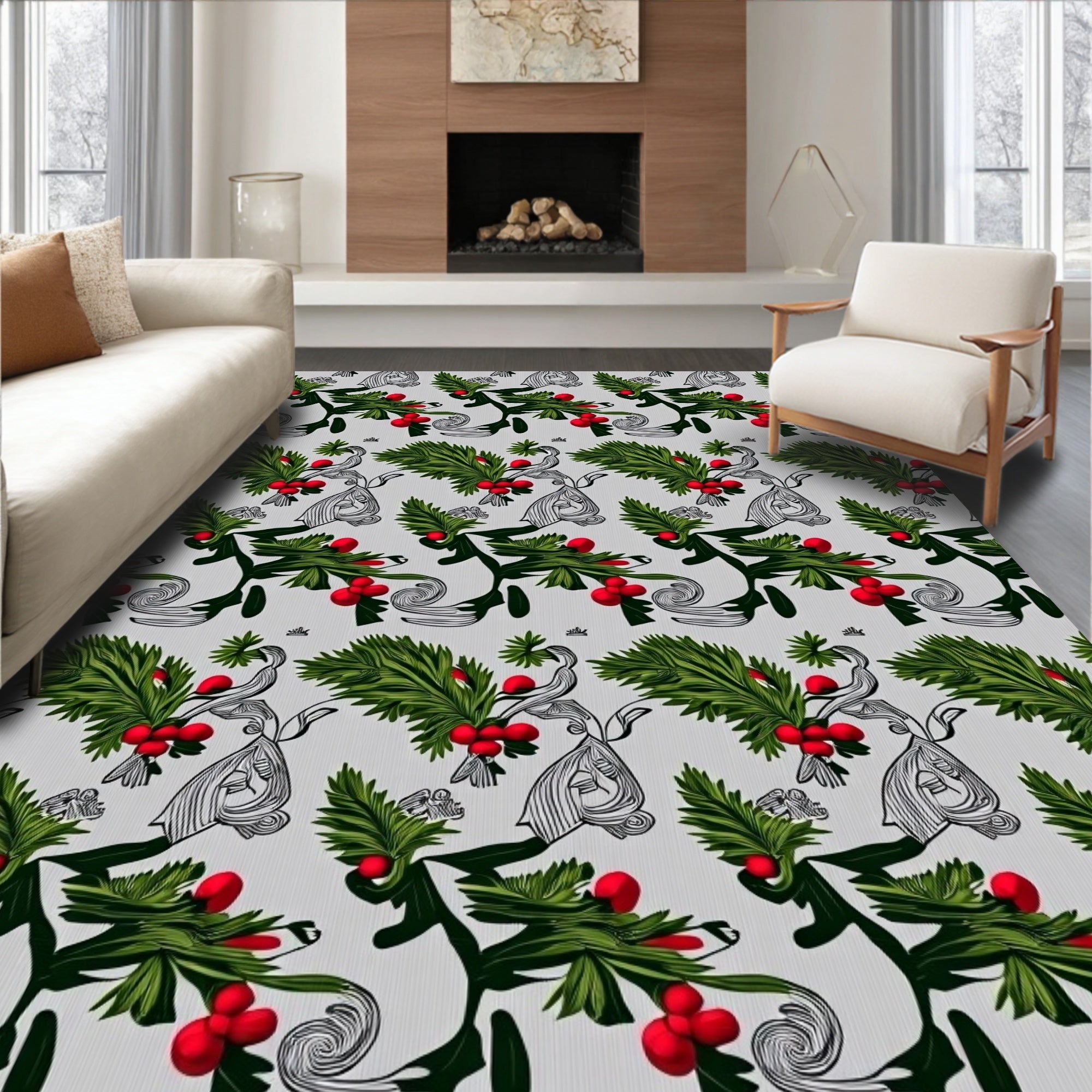 Green Red Berry Foliage Swirl Rug