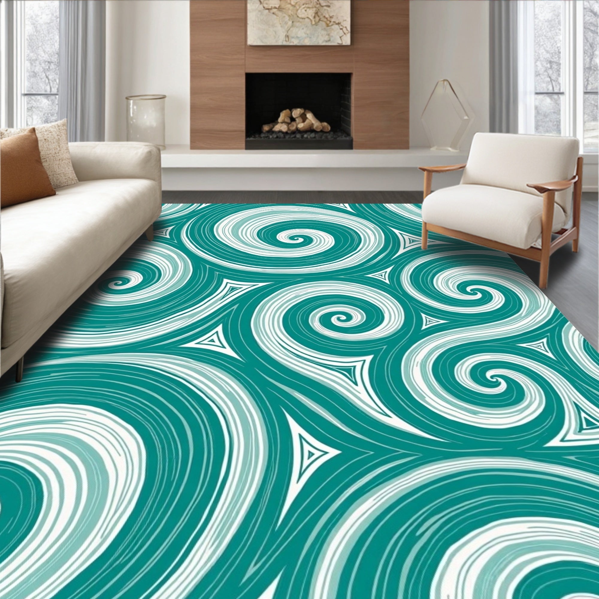 Teal Spiral Wave Swirl Repeat Rug