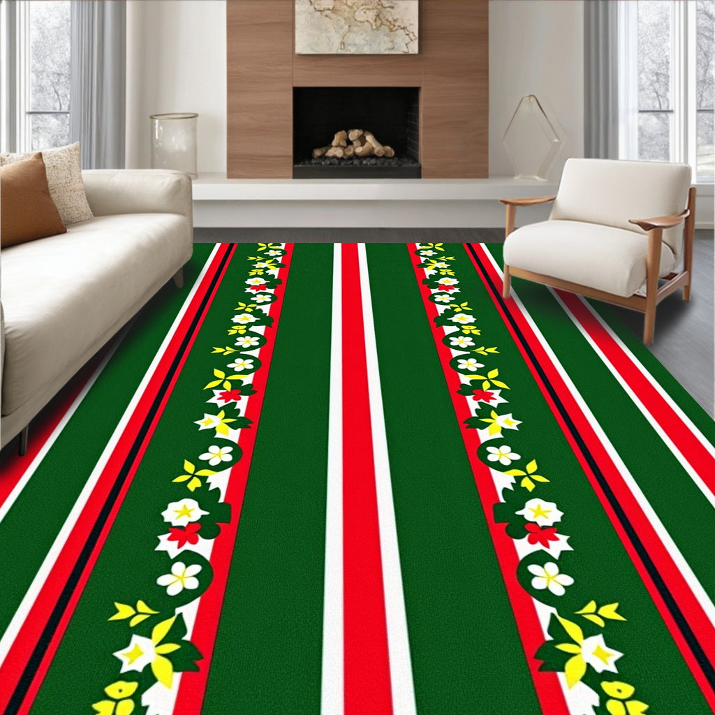 Festive Green Red White Floral Stripe Rug