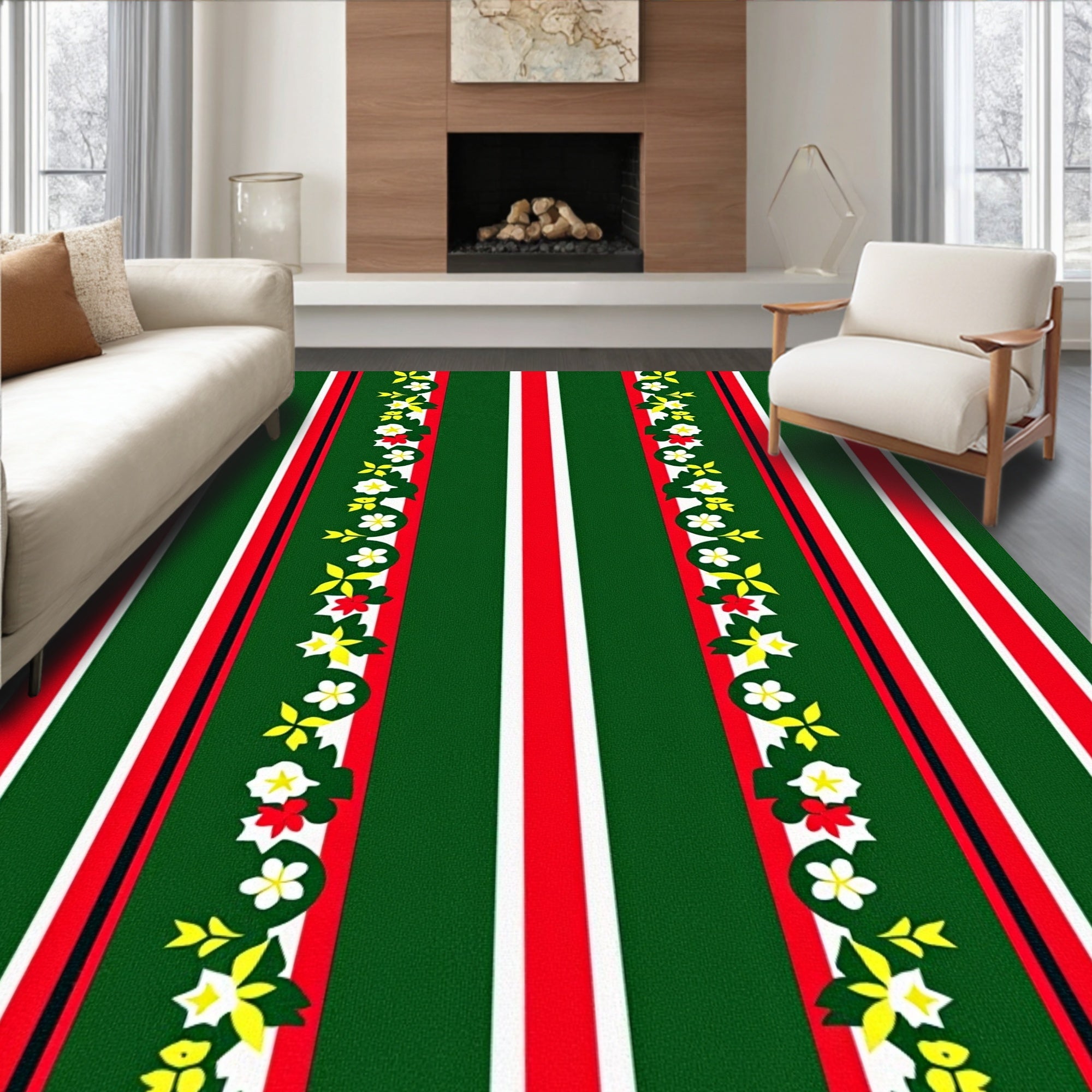 Festive Green Red White Floral Stripe Rug