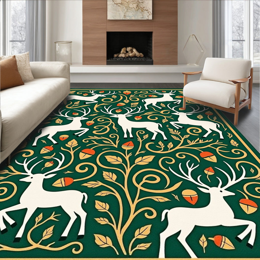 White Deer Forest Gold Acorn Swirl Rug