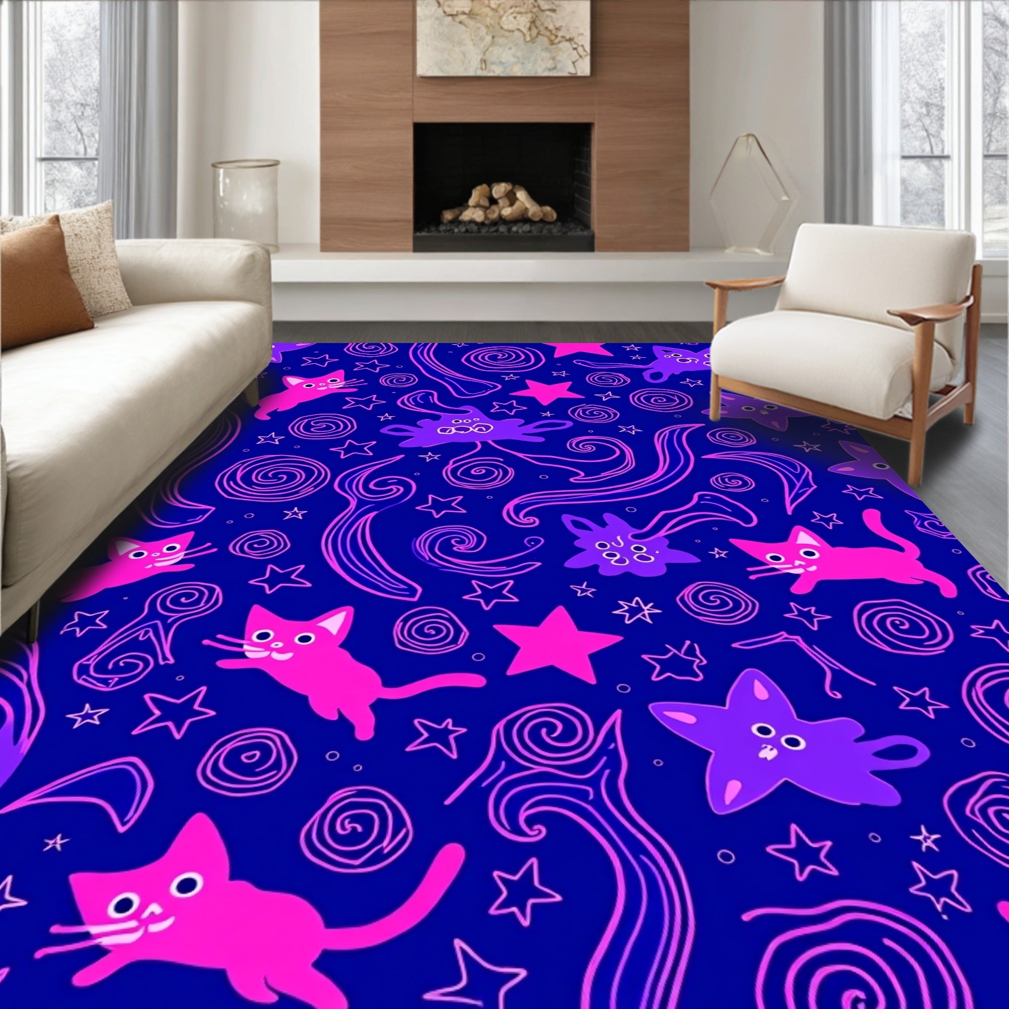 Whimsical Pink Cats Purple Stars Rug