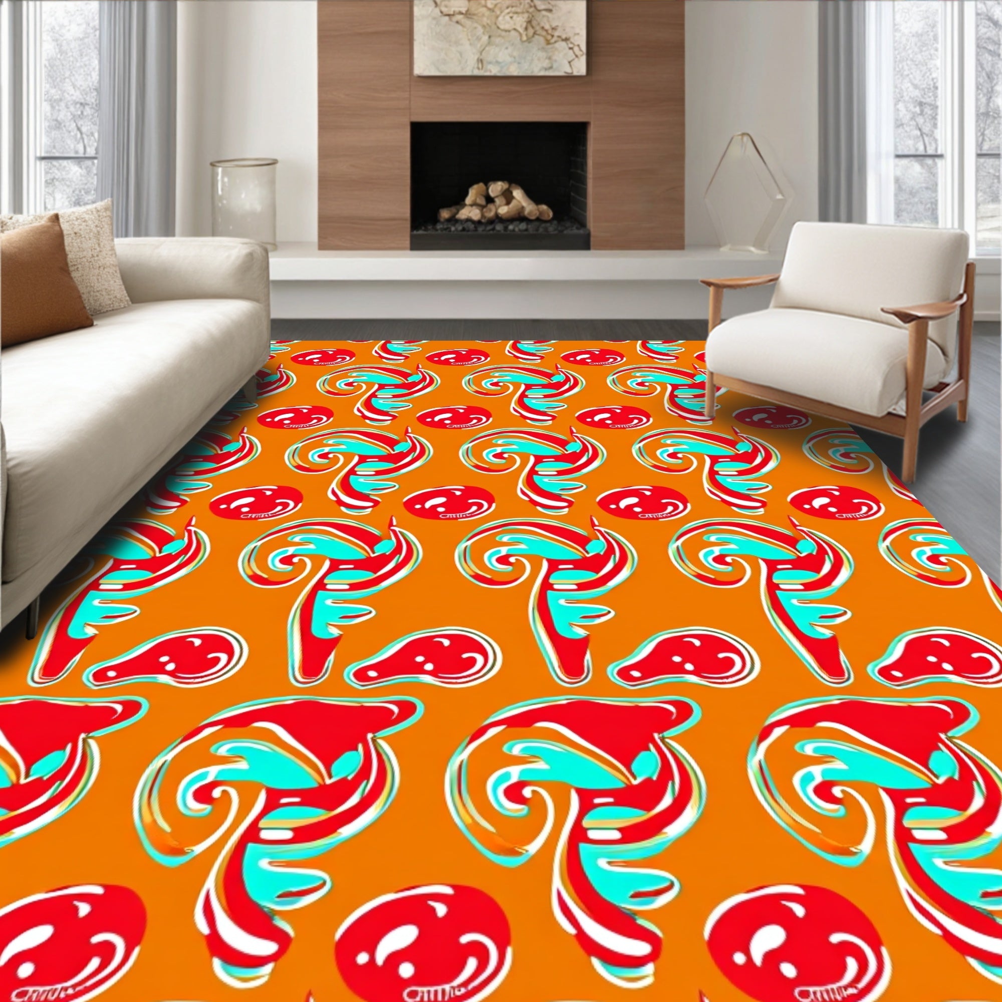 Whimsical Red Swirl Abstract Orange Rug