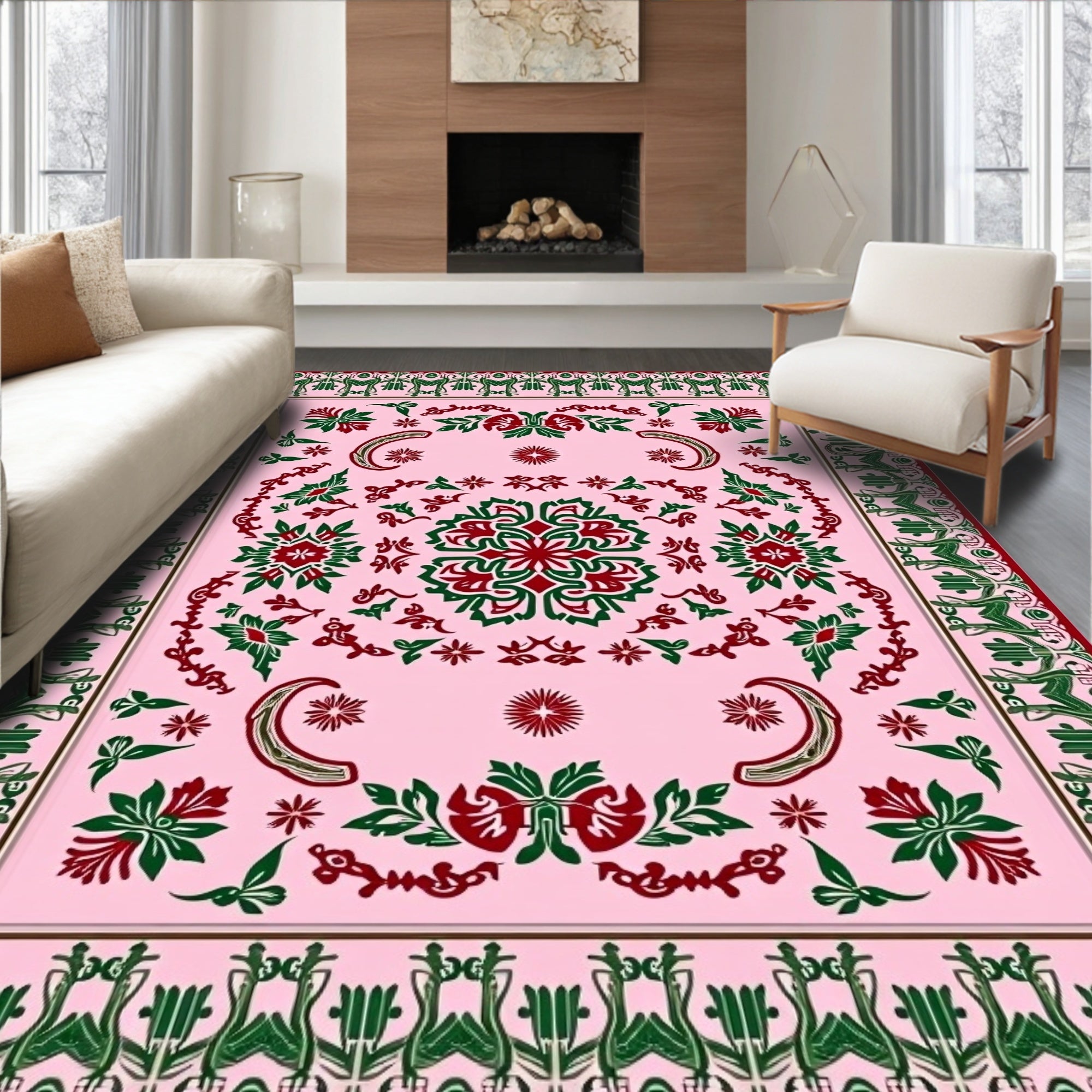 Pink Red Green Floral Garden Medallion Rug