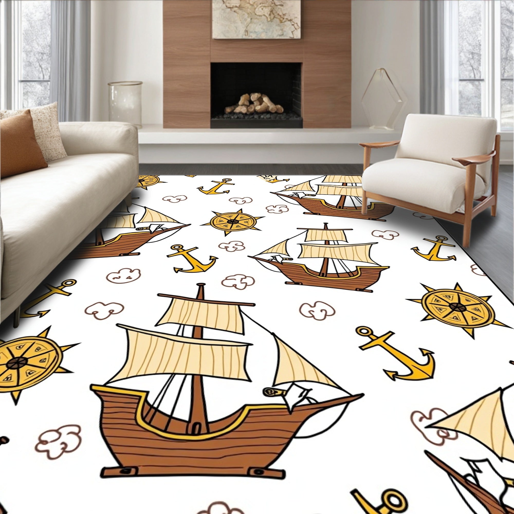 Nautical Ships Anchors Wheels Clouds Rug