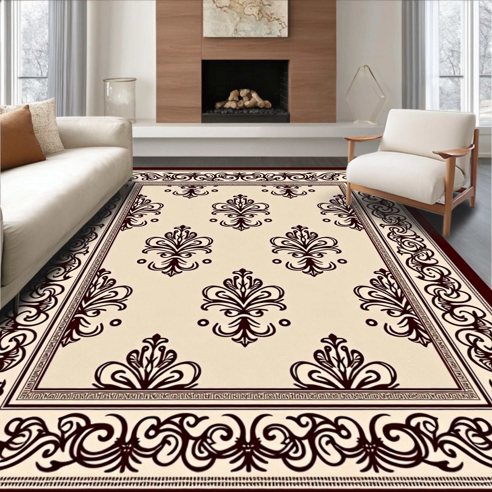 Antique Cream Damask Border Rug