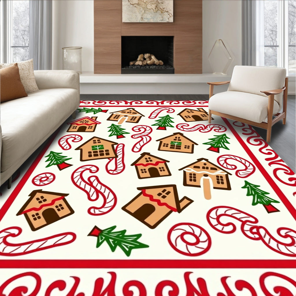 Festive Gingerbread Candy Cane Trees Border Rug