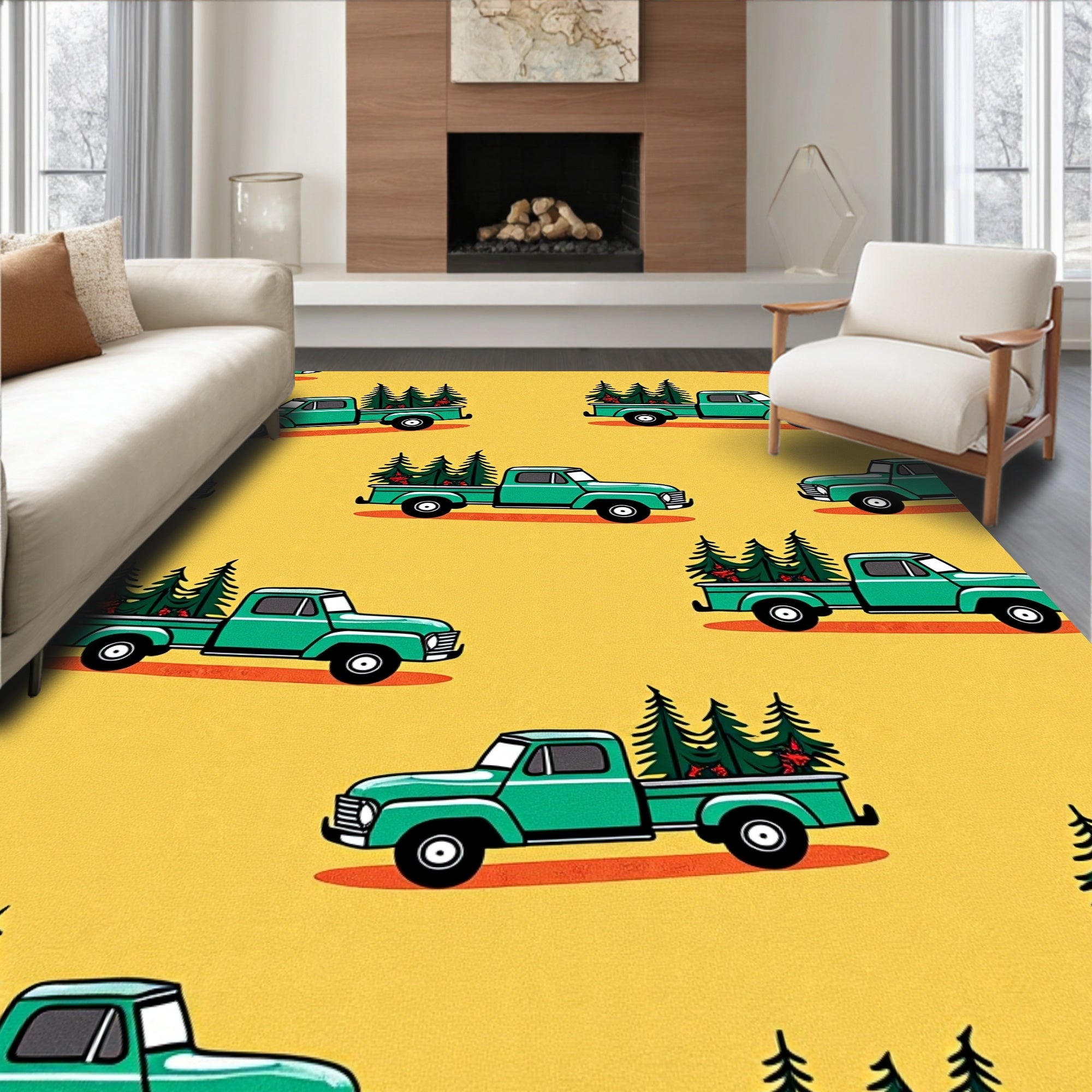 Vintage Green Truck Pine Trees Rug