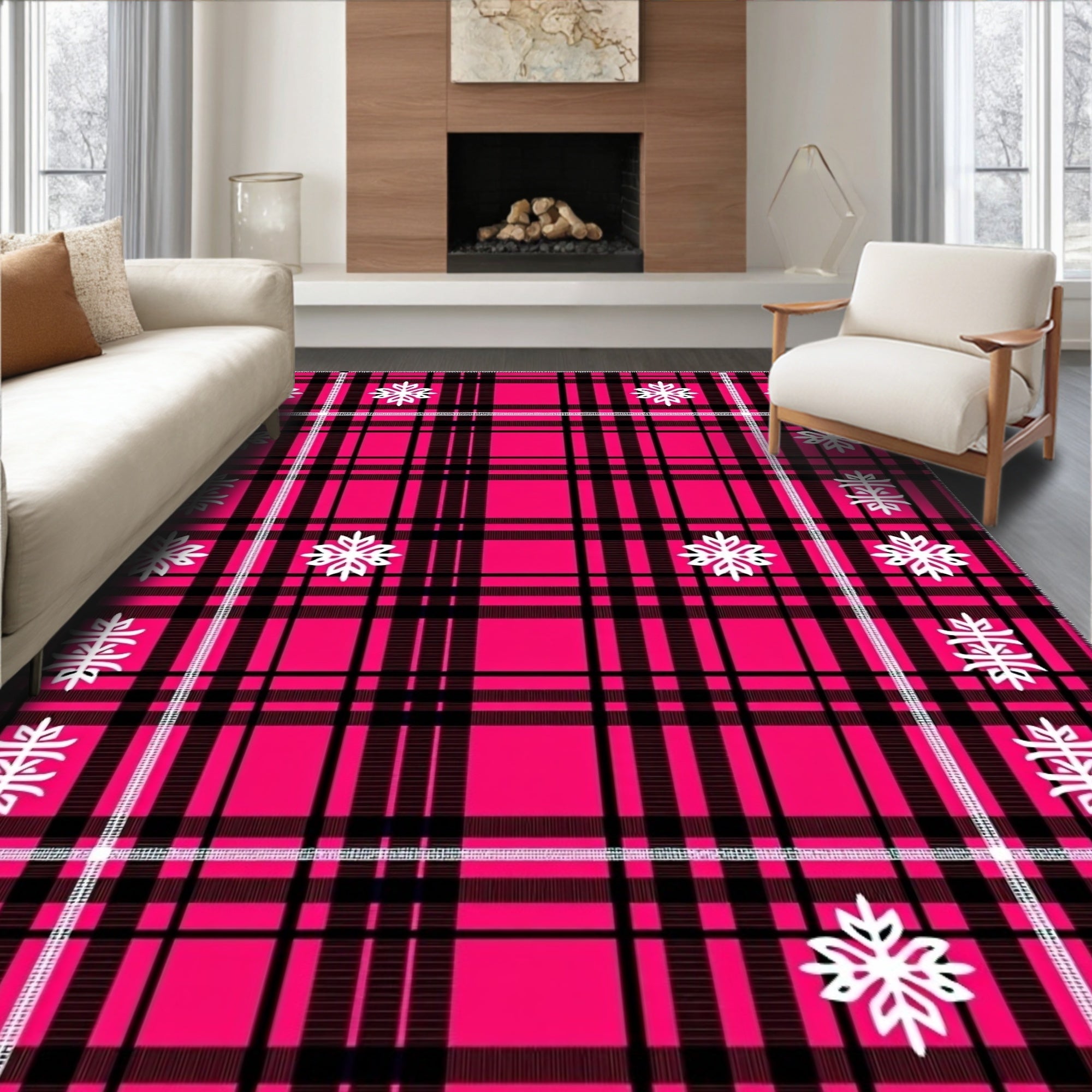 Hot Pink Black White Snowflake Plaid Rug