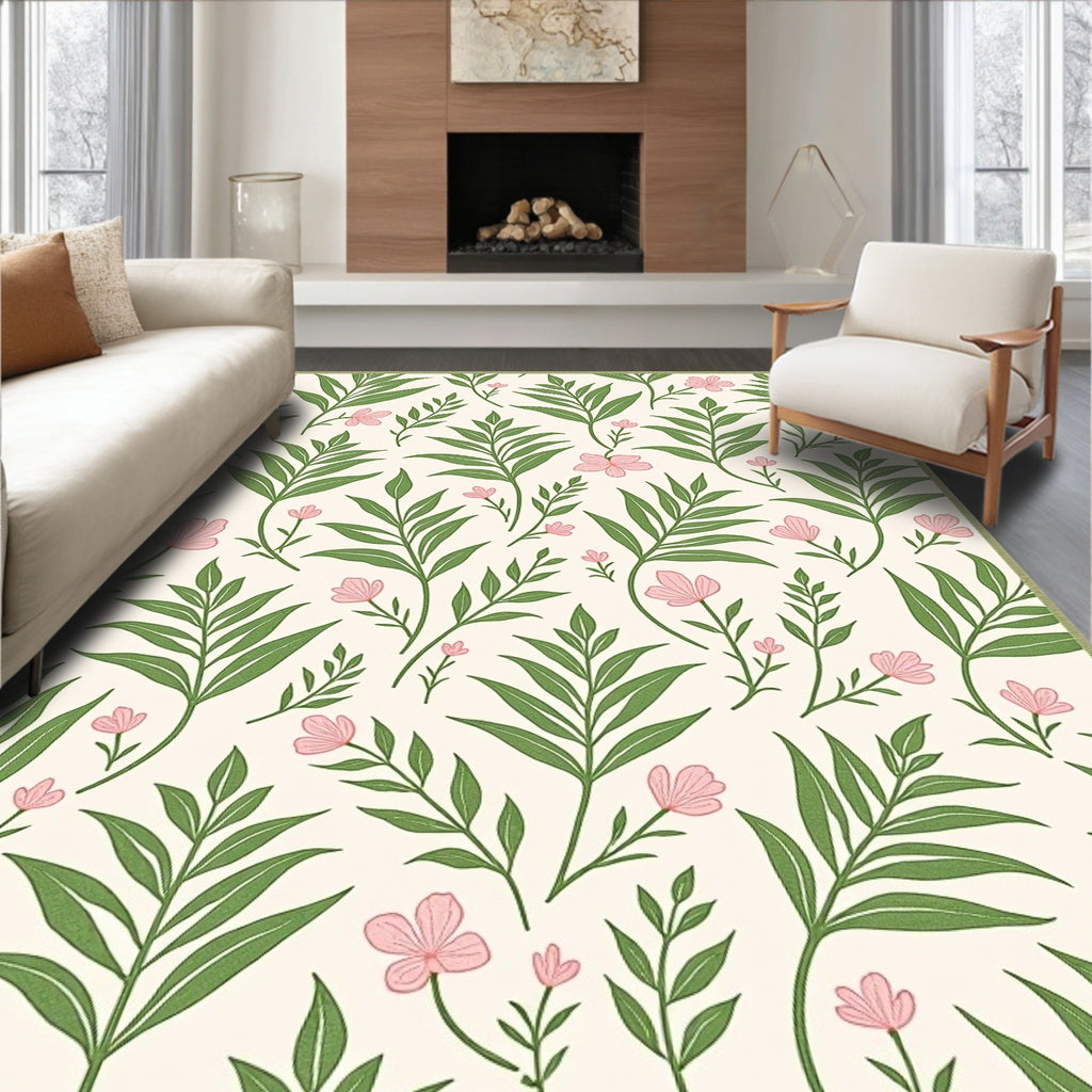 Cream Pink Floral Leafy Branch Arrangement Rug