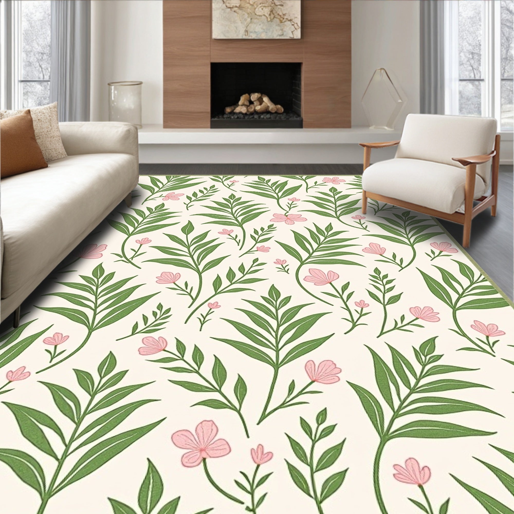Cream Pink Floral Leafy Branch Arrangement Rug