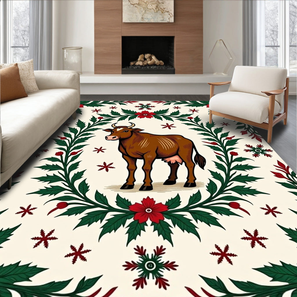 Brown Cow Red Green Floral Border Rug