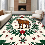 Brown Cow Red Green Floral Border Rug