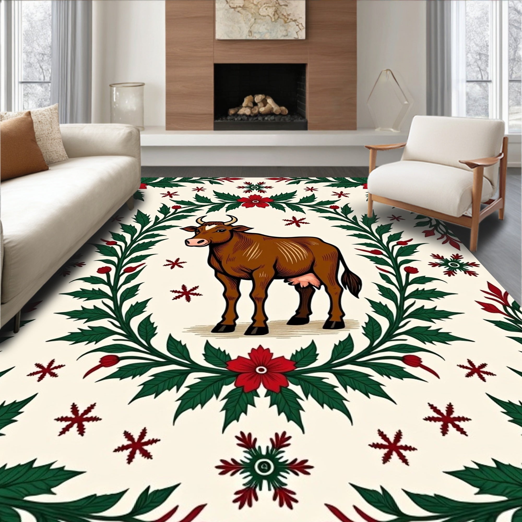 Brown Cow Red Green Floral Border Rug