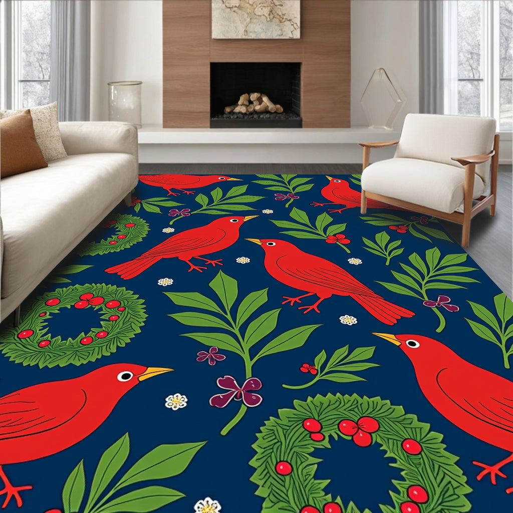 Red Cardinals With Holly Wreaths Rug