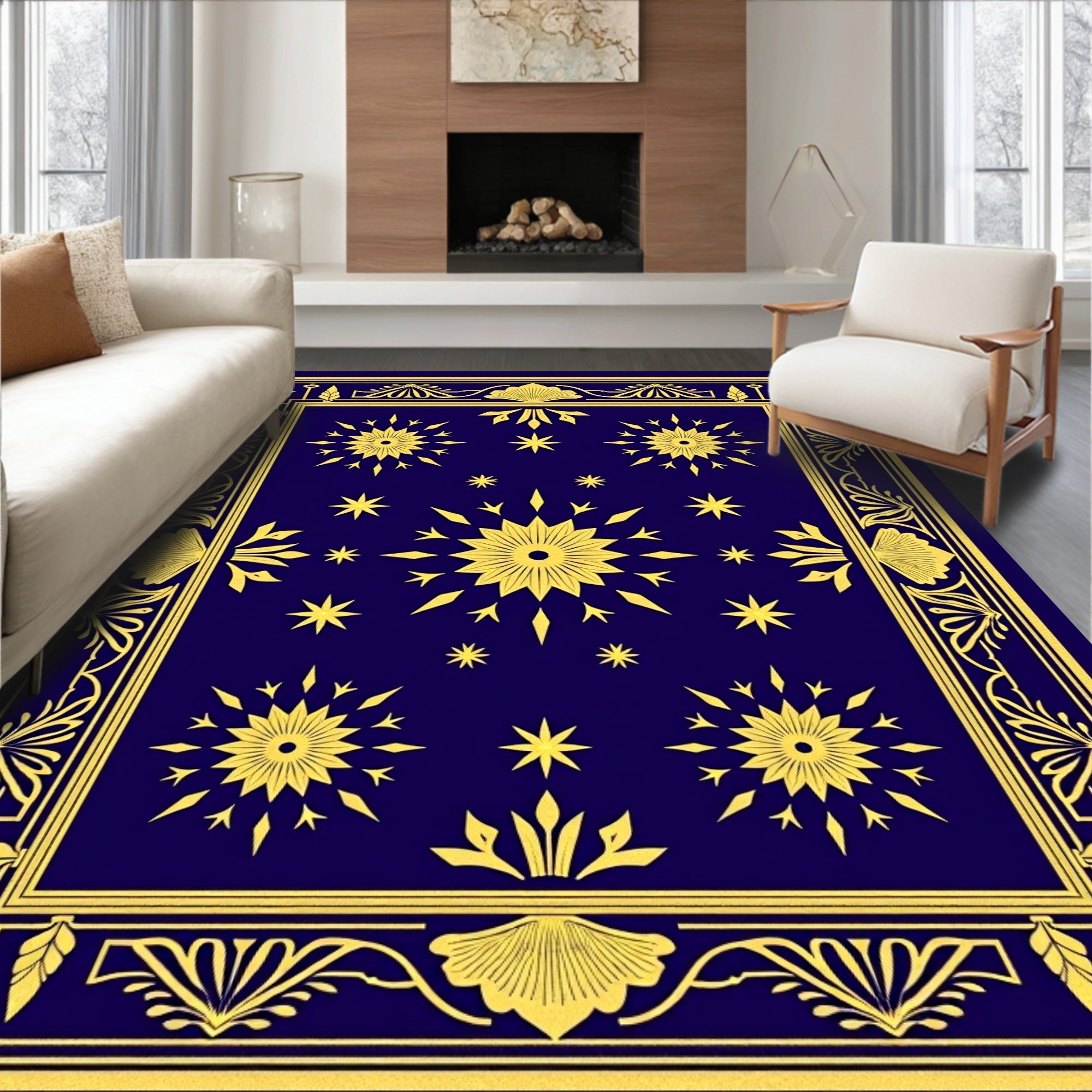 Navy Sunburst Starburst Border Rug