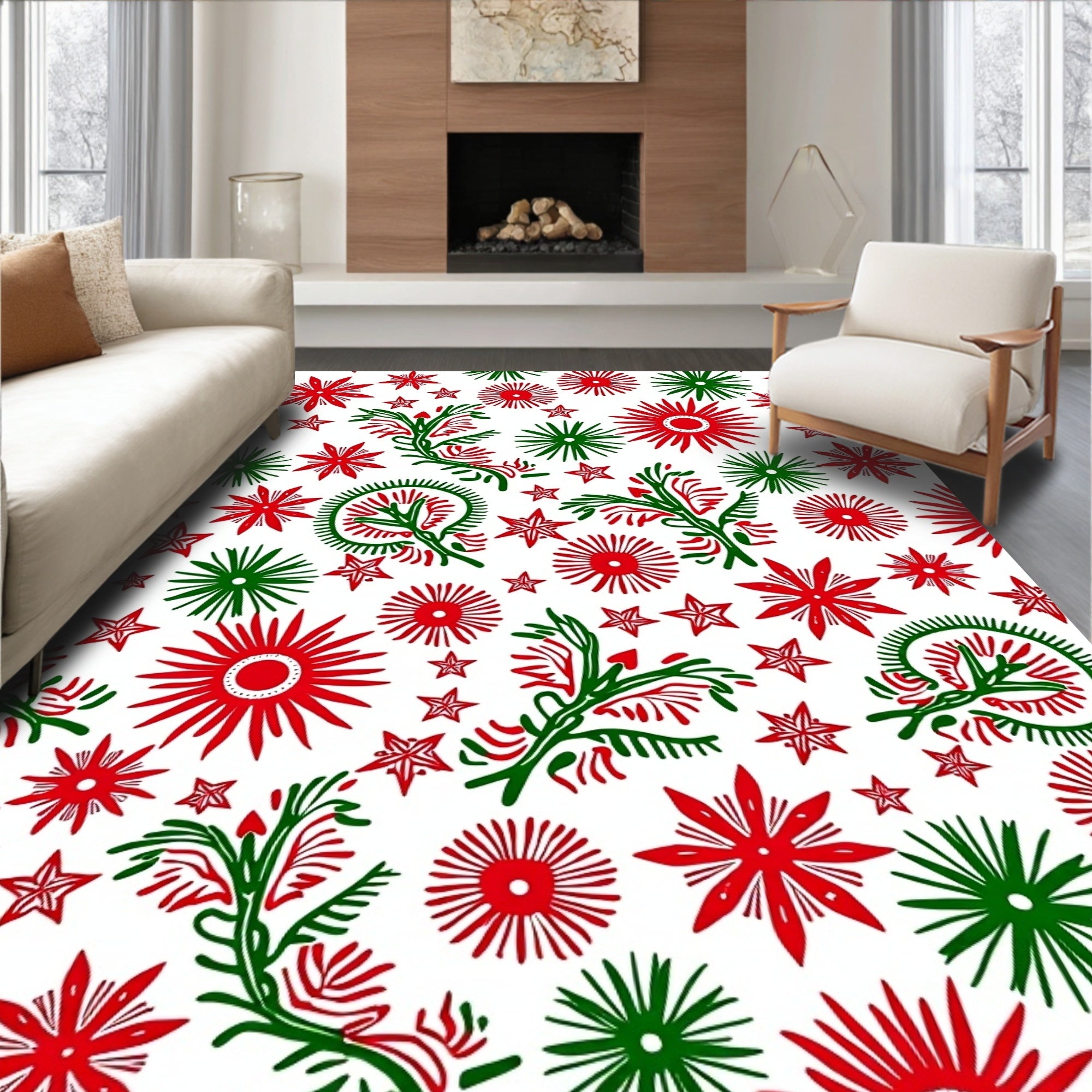 Red Green Starburst Blossom Scatter Rug