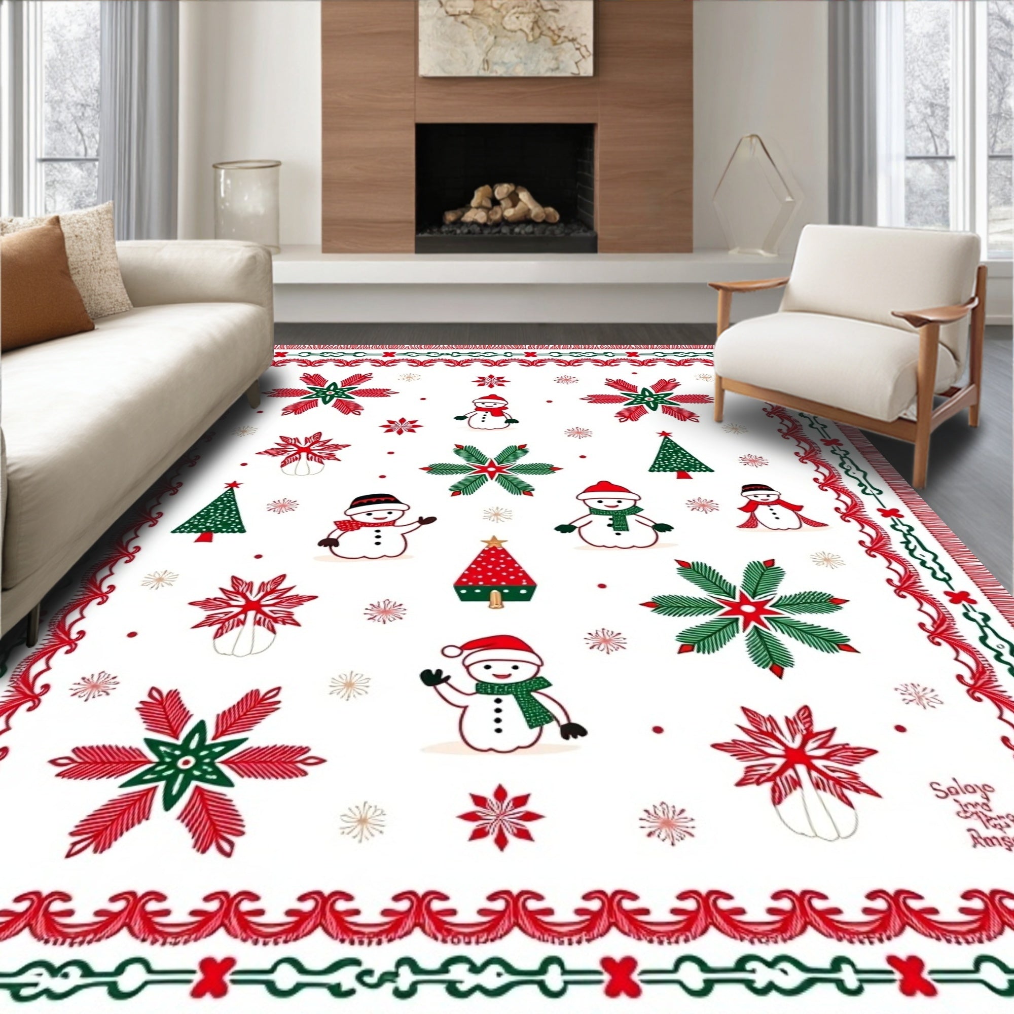 Jolly Snowman and Pine Tree Holiday Rug