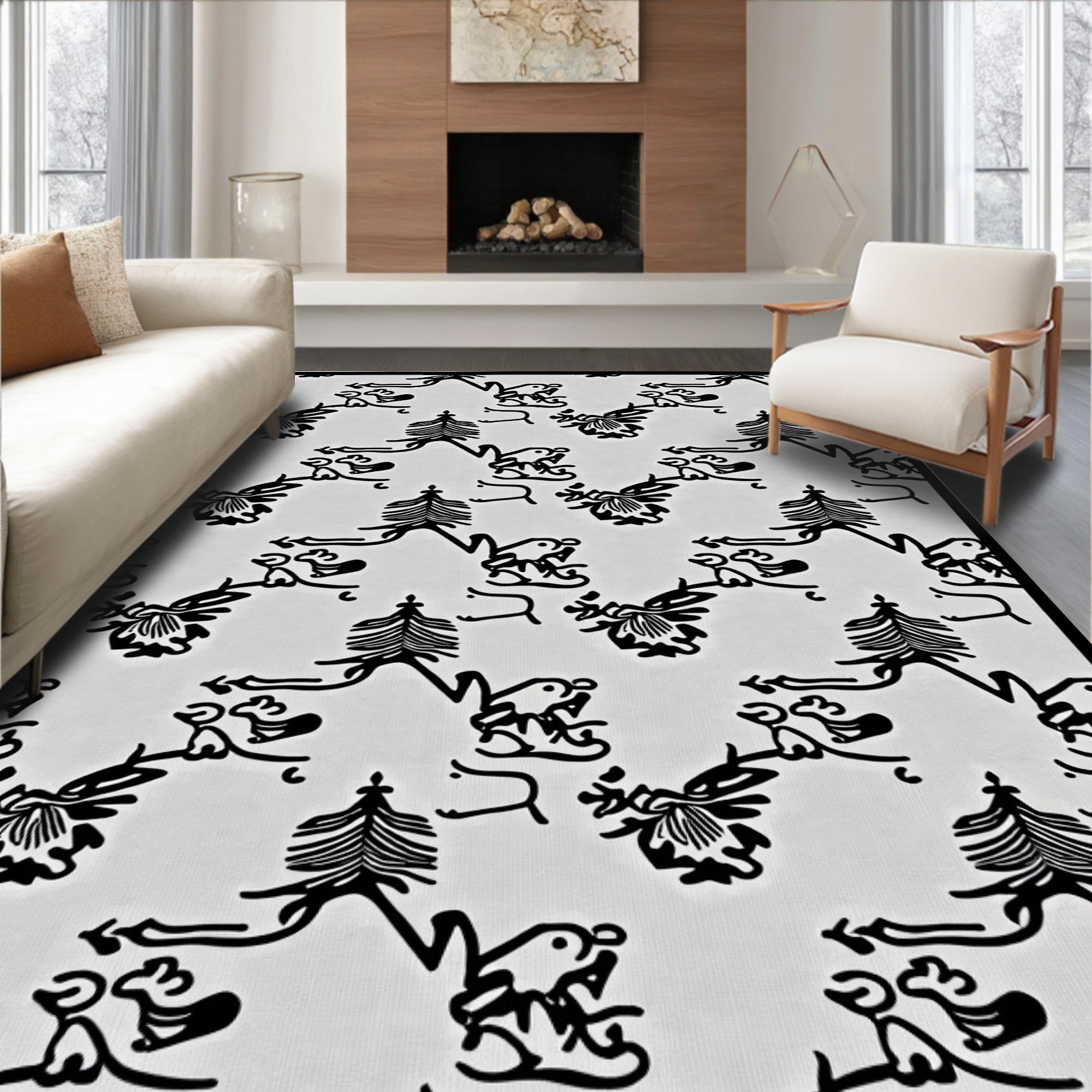 Whimsical Black And White Animal Forest Rug