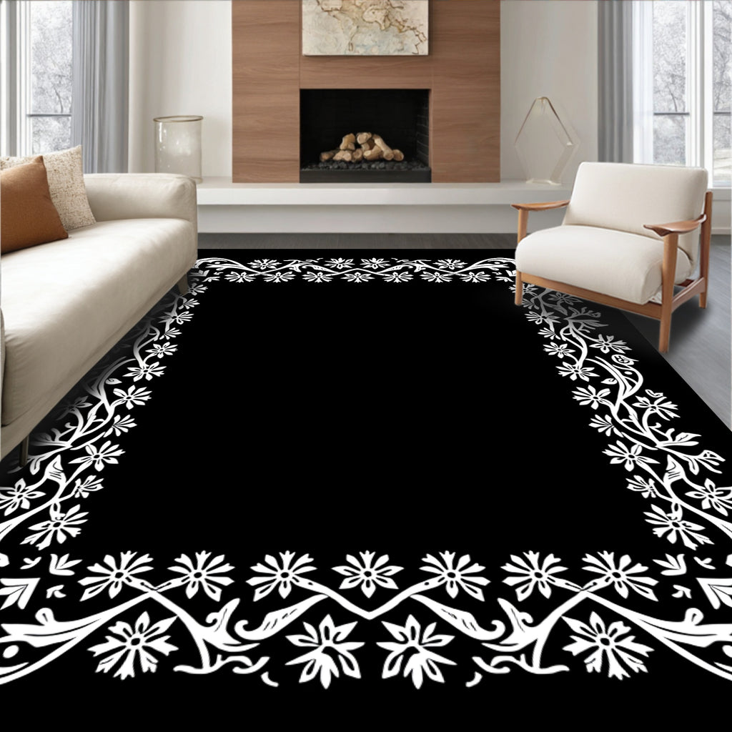 White Floral Vine BorderRug Rug