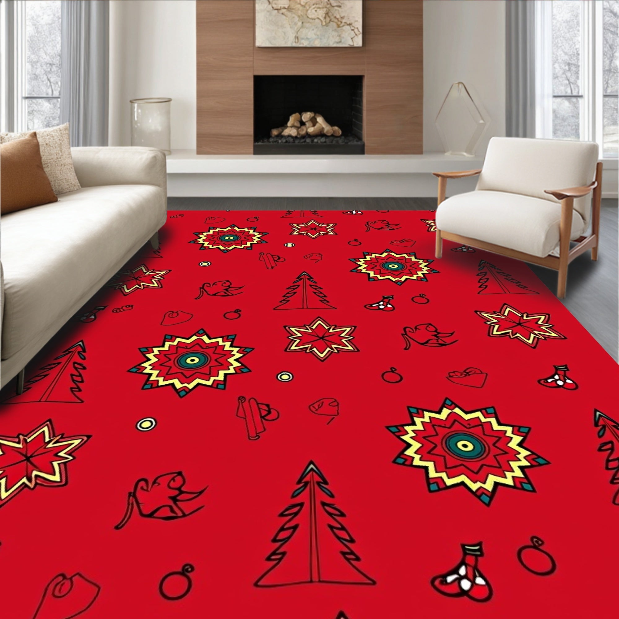 Red Starburst Christmas Tree Stocking Collage Rug