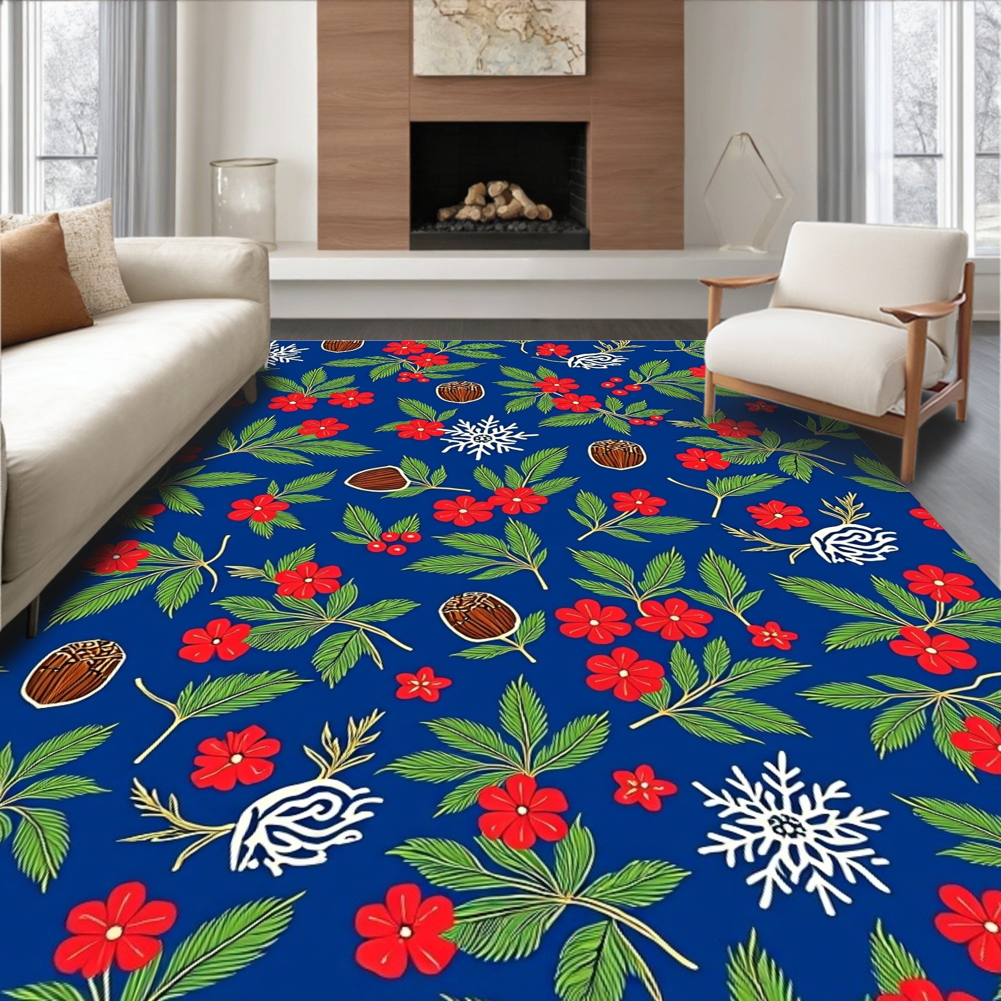 Red Floral Snowflakes And Acorns Rug