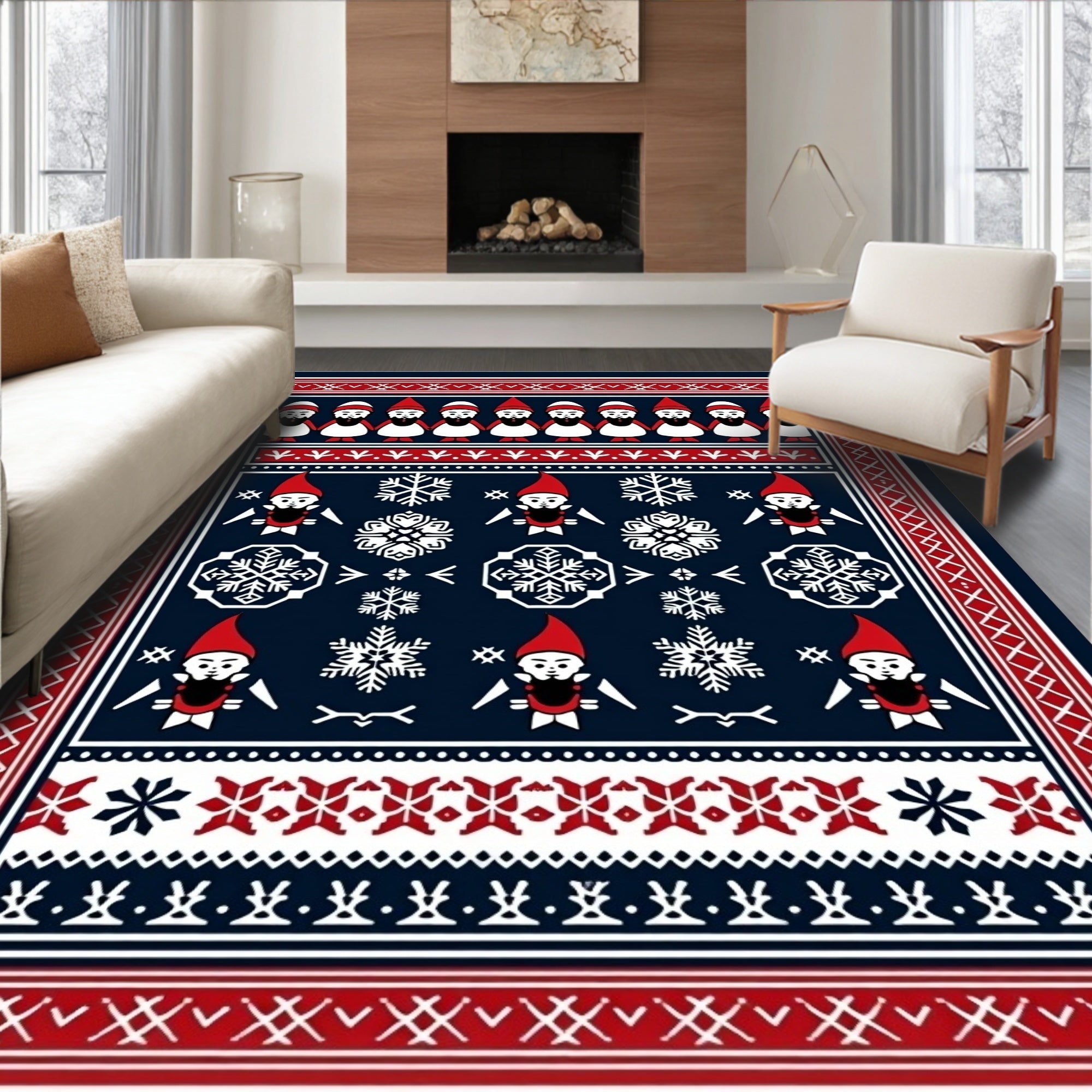 Navy Red White Gnome Snowflakes Nordic Rug