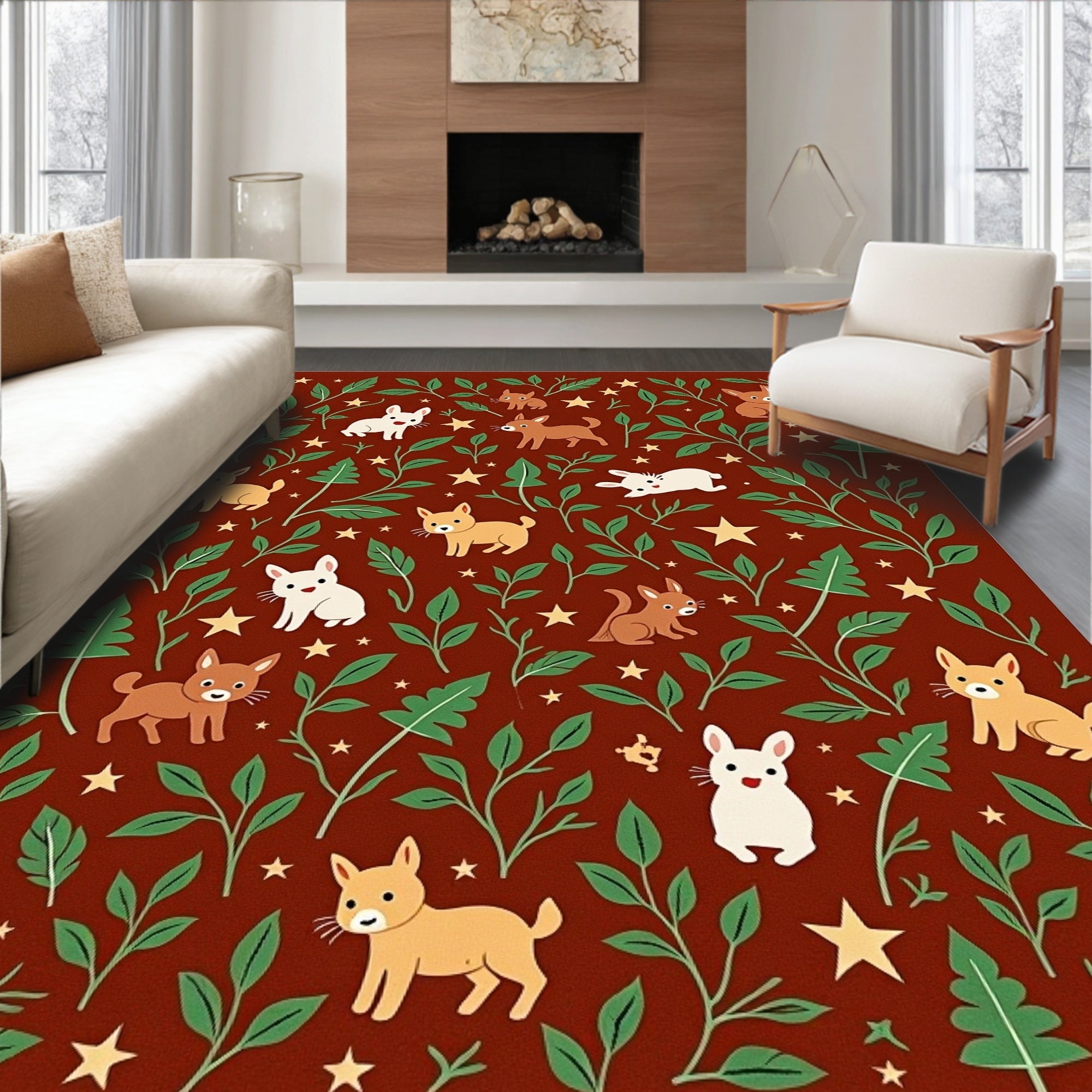 Red Brown Woodland Critter Star Rug
