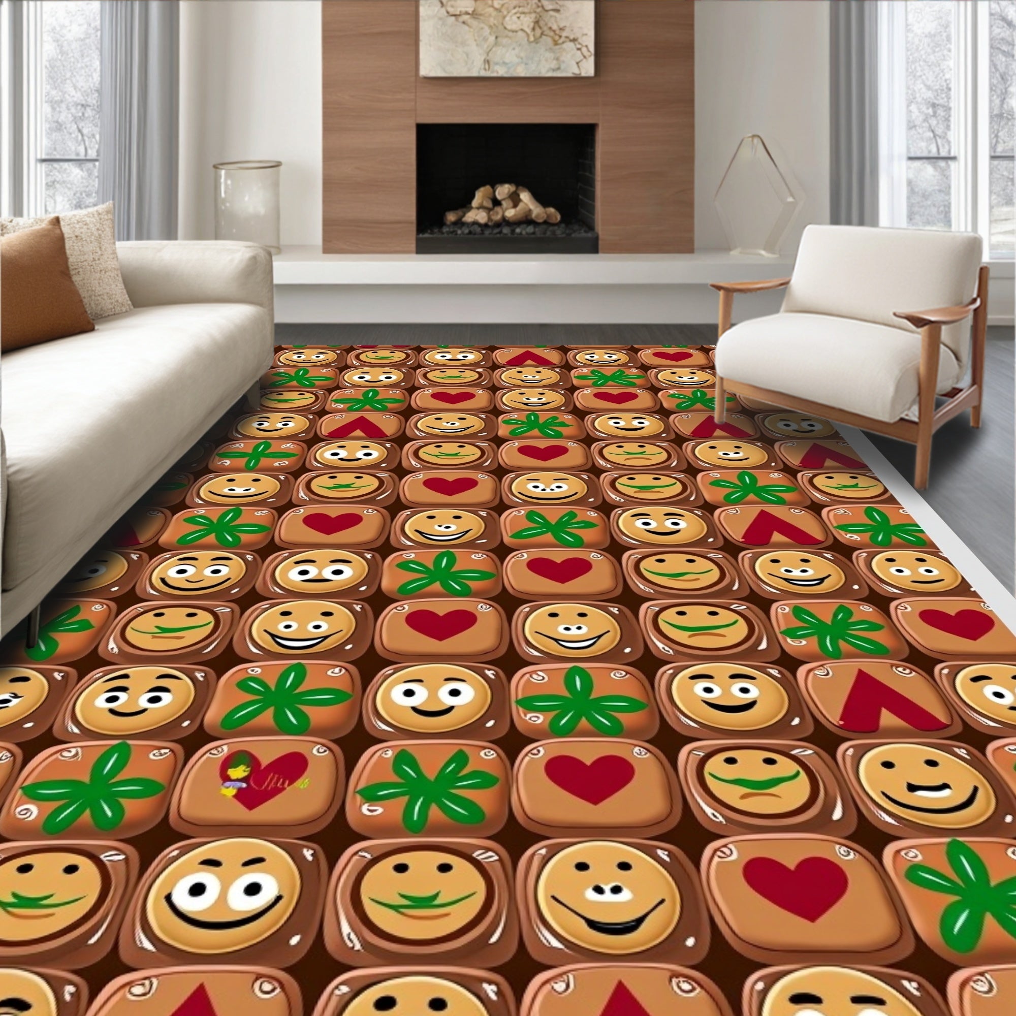 Playful Smiley Faces Red Hearts Green Flourishes Rug