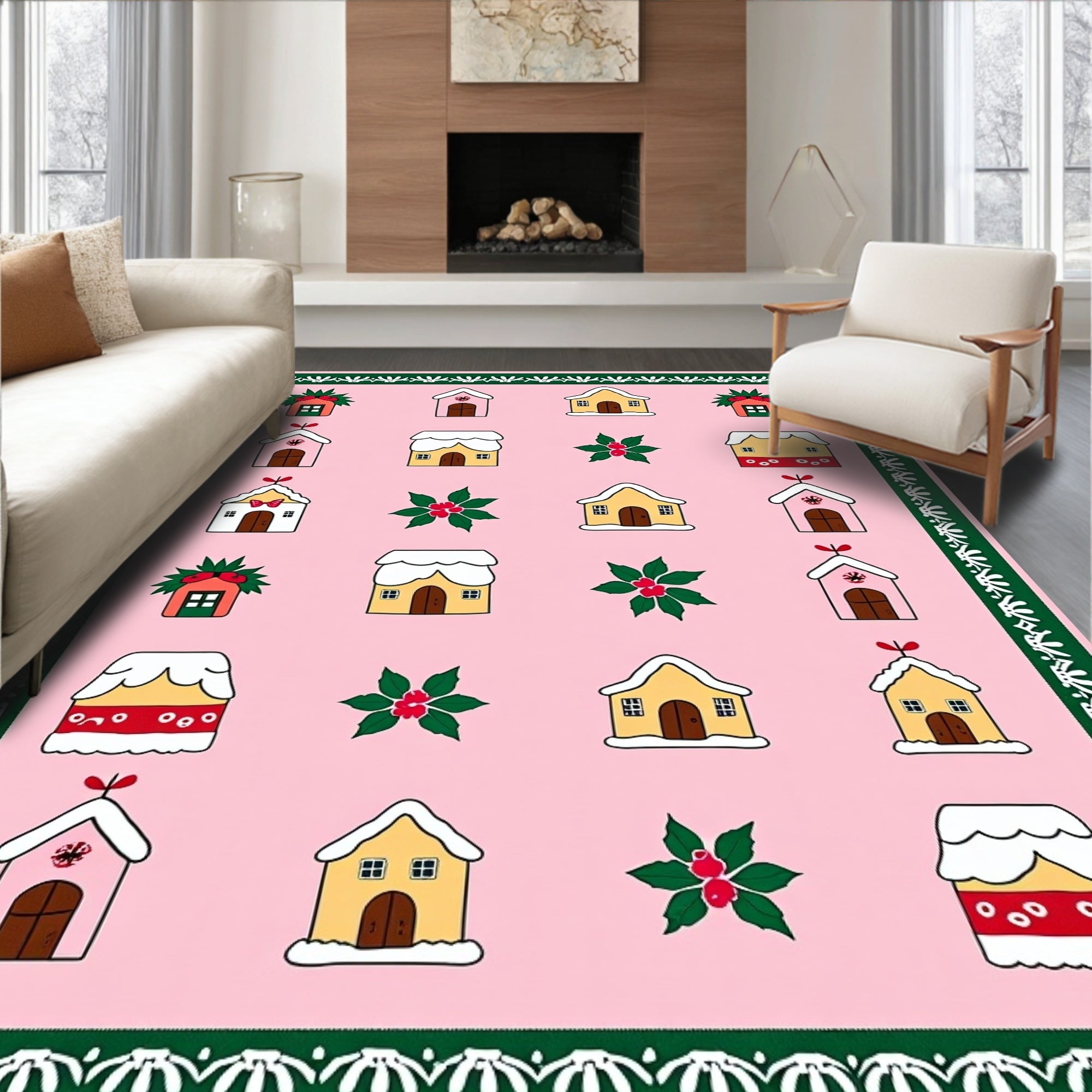 Whimsical Pink Gingerbread Houses Collection Rug