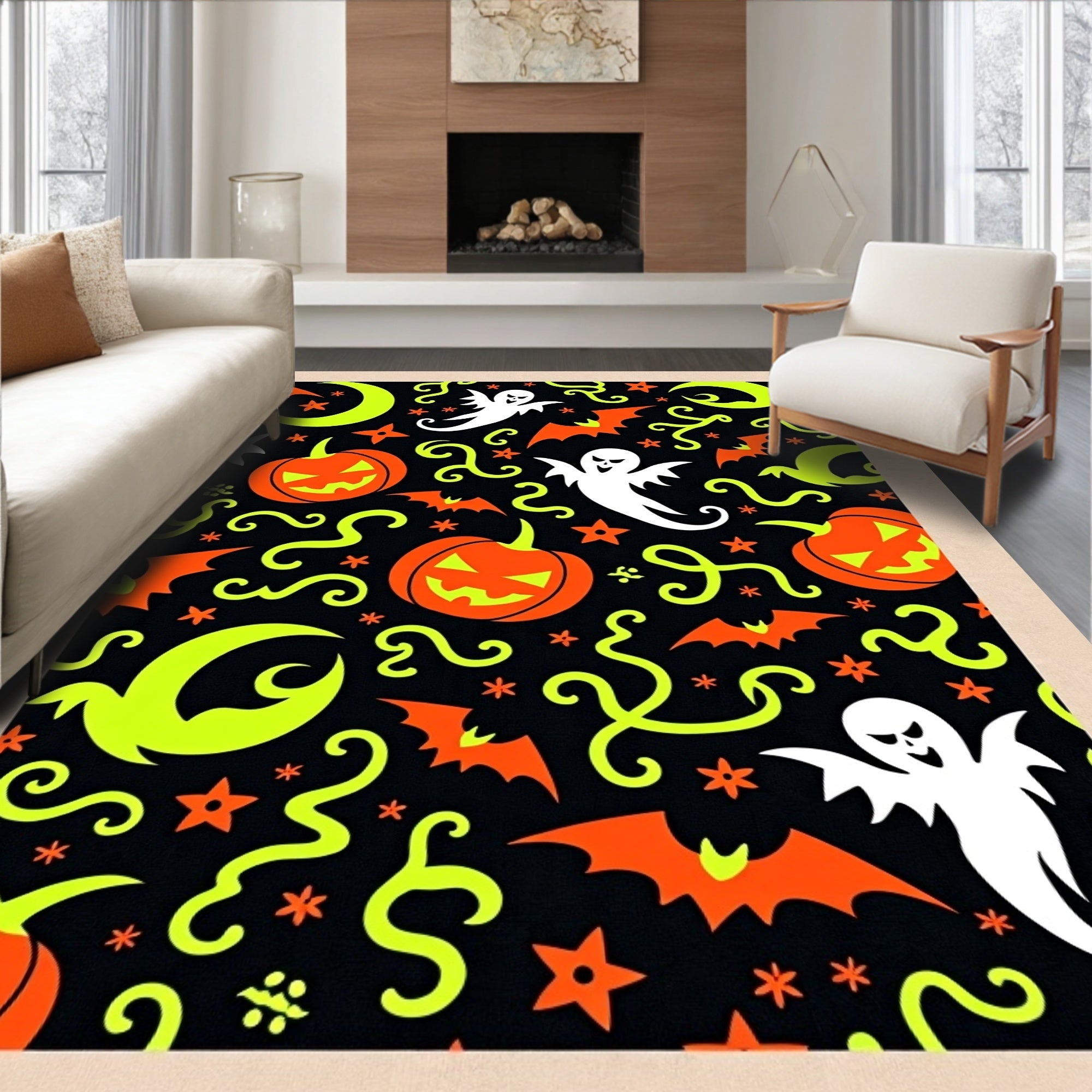 Spooky Halloween Pumpkins Ghosts Bats Moons Rug
