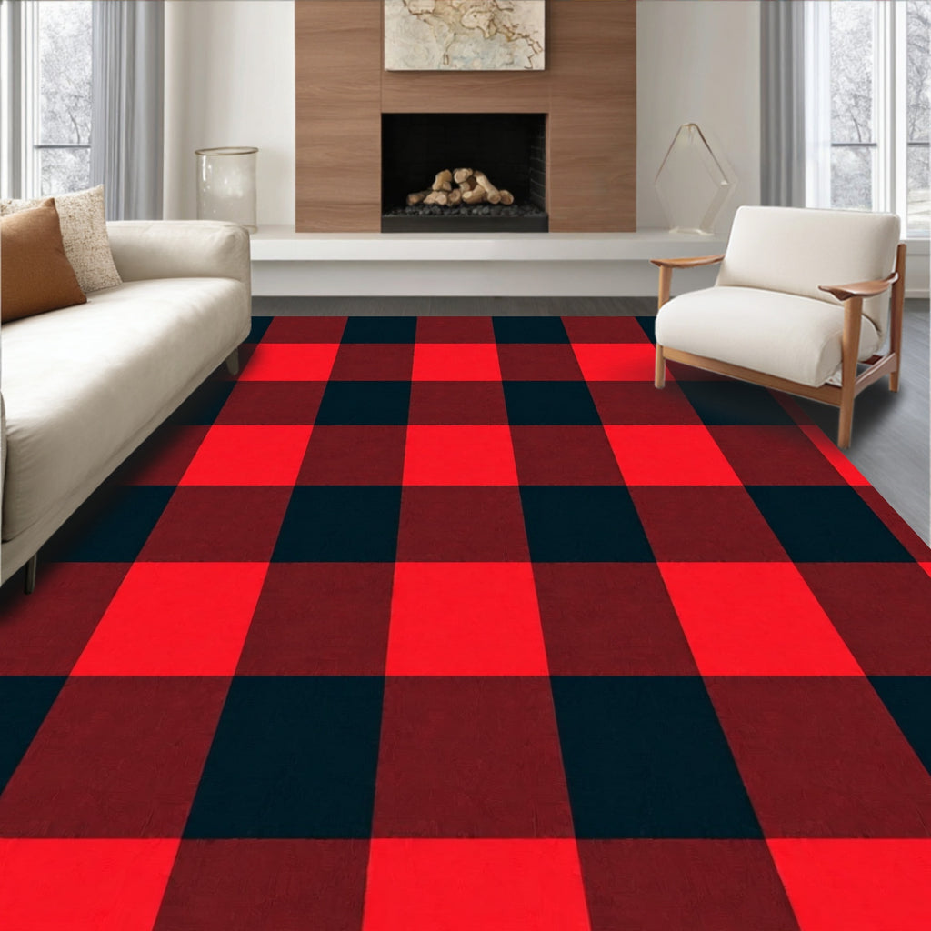 Bold Plaid Crimson And Black Squares Rug
