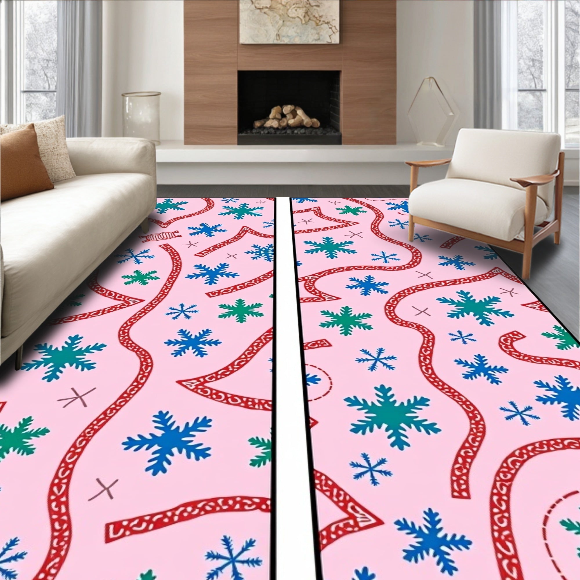 Pink Snowflakes and Red Ribbon Scatter Rug